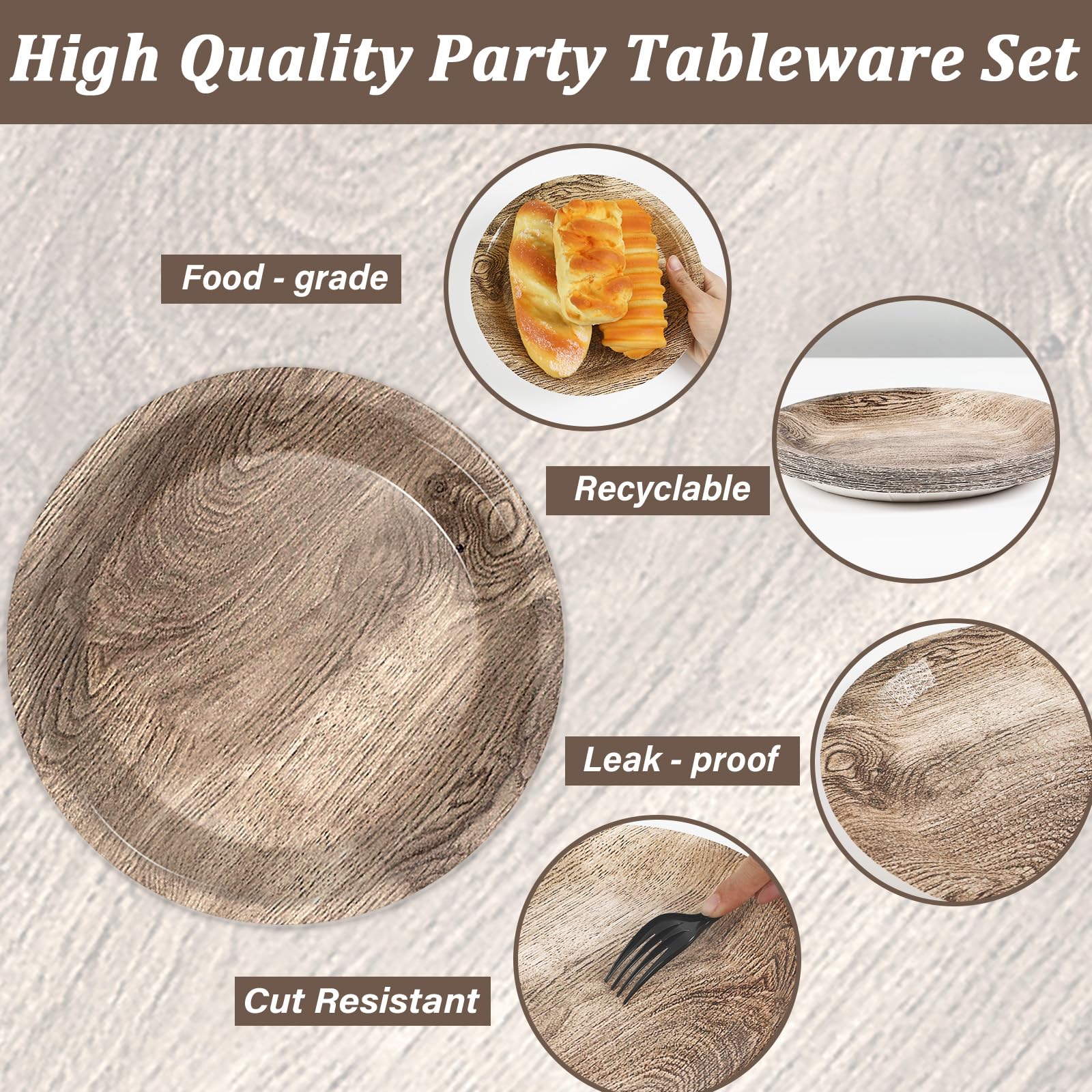gisgfim 48-Piece Rustic Wooden Tree Party Plates Set for Lumberjack Camping Hunting Themes