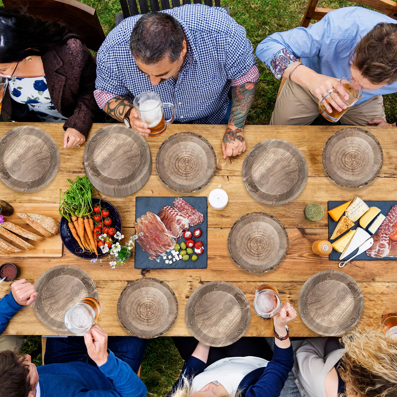 gisgfim 48-Piece Rustic Wooden Tree Party Plates Set for Lumberjack Camping Hunting Themes