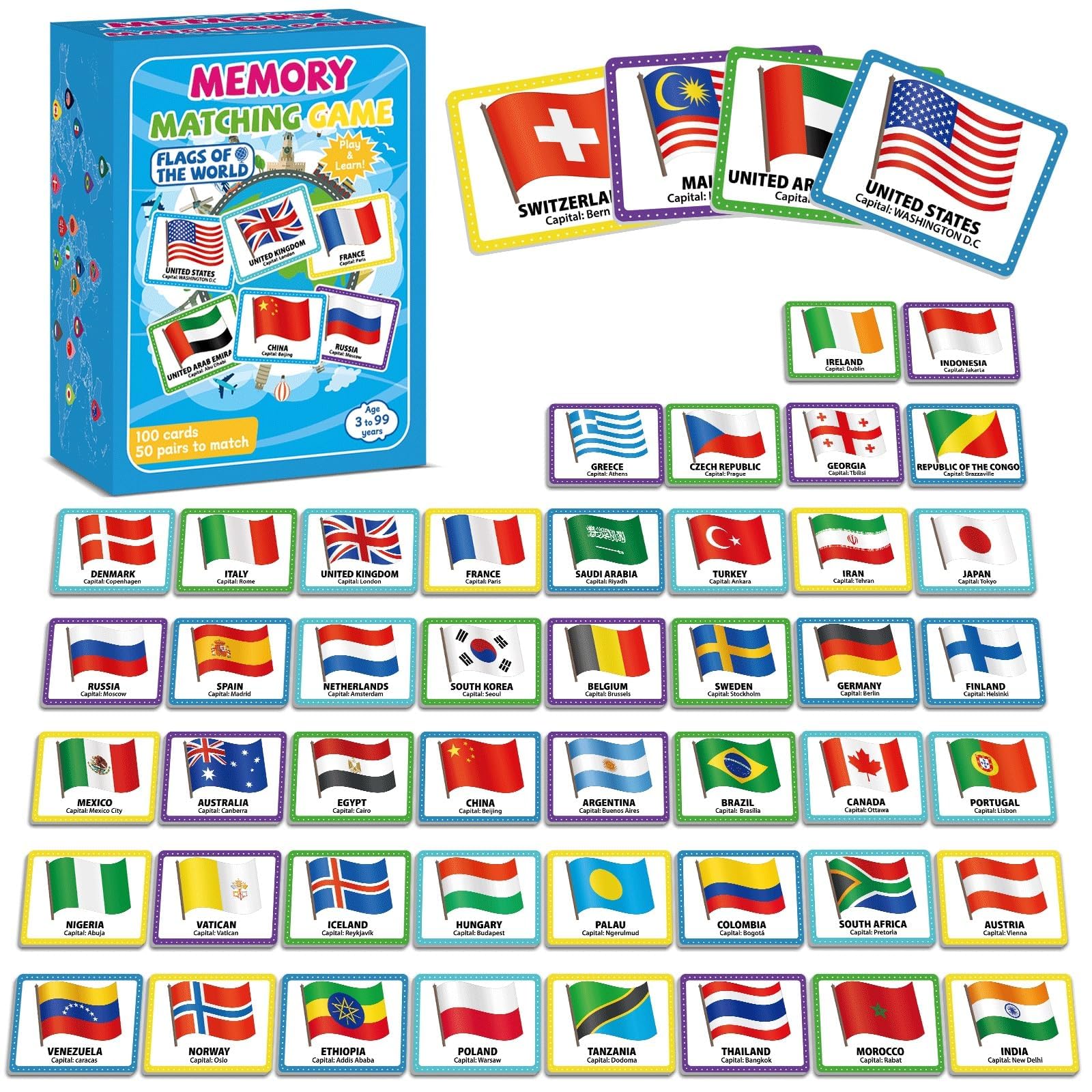 gisgfim Flags of the World Memory Game - 100 Cards (50 Pairs) for Kids & Adults - Educational Matching Fun with Storage Box