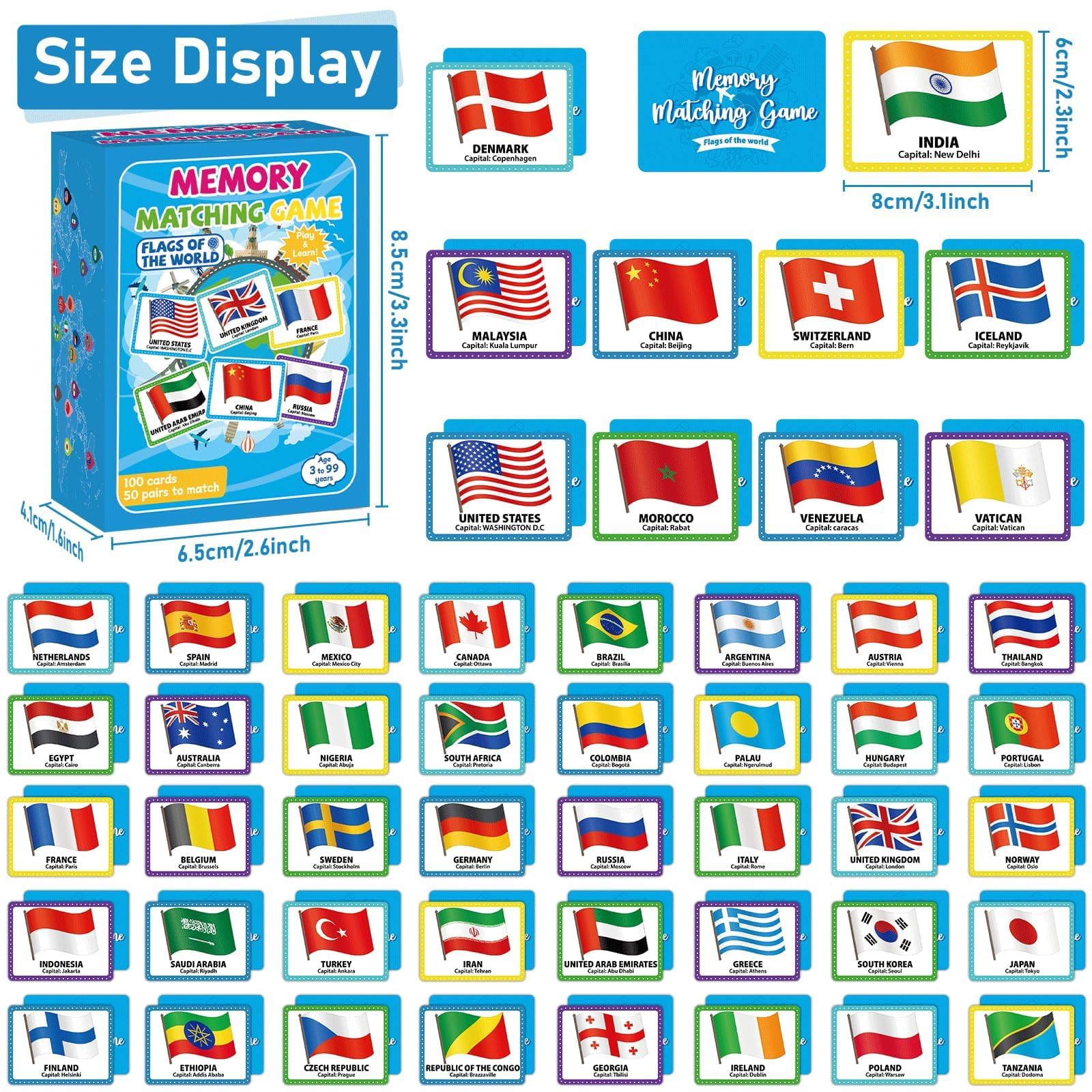 gisgfim Flags of the World Memory Game - 100 Cards (50 Pairs) for Kids & Adults - Educational Matching Fun with Storage Box