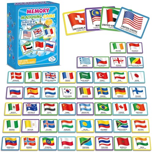 gisgfim Flags of the World Memory Game - 100 Cards (50 Pairs) for Kids & Adults - Educational Matching Fun with Storage Box