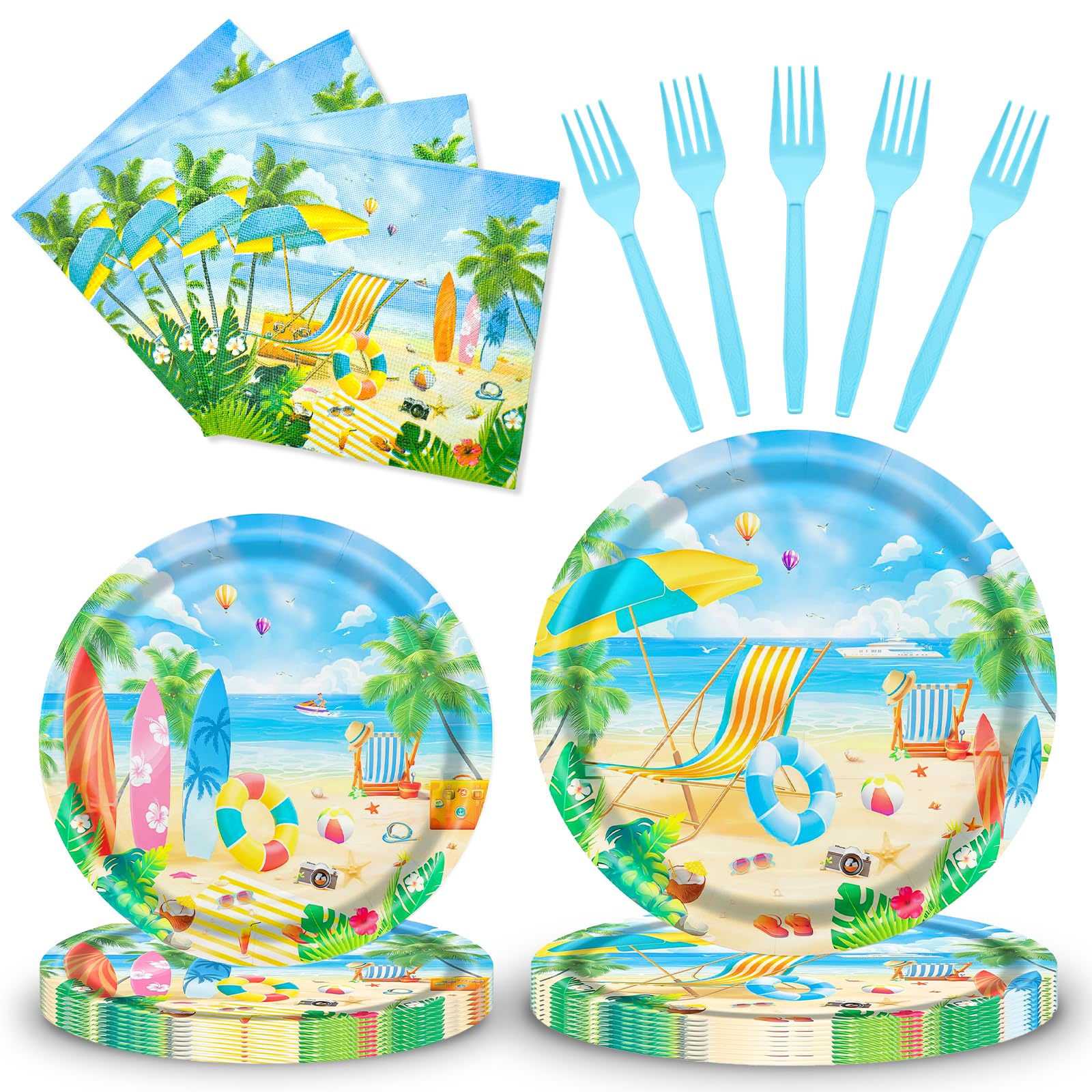 Gistome 96-Piece Summer Beach Tableware Set - Tropical Disposable Dinnerware for 24 Guests - Includes 7" & 9" Plates, Napkins, Forks