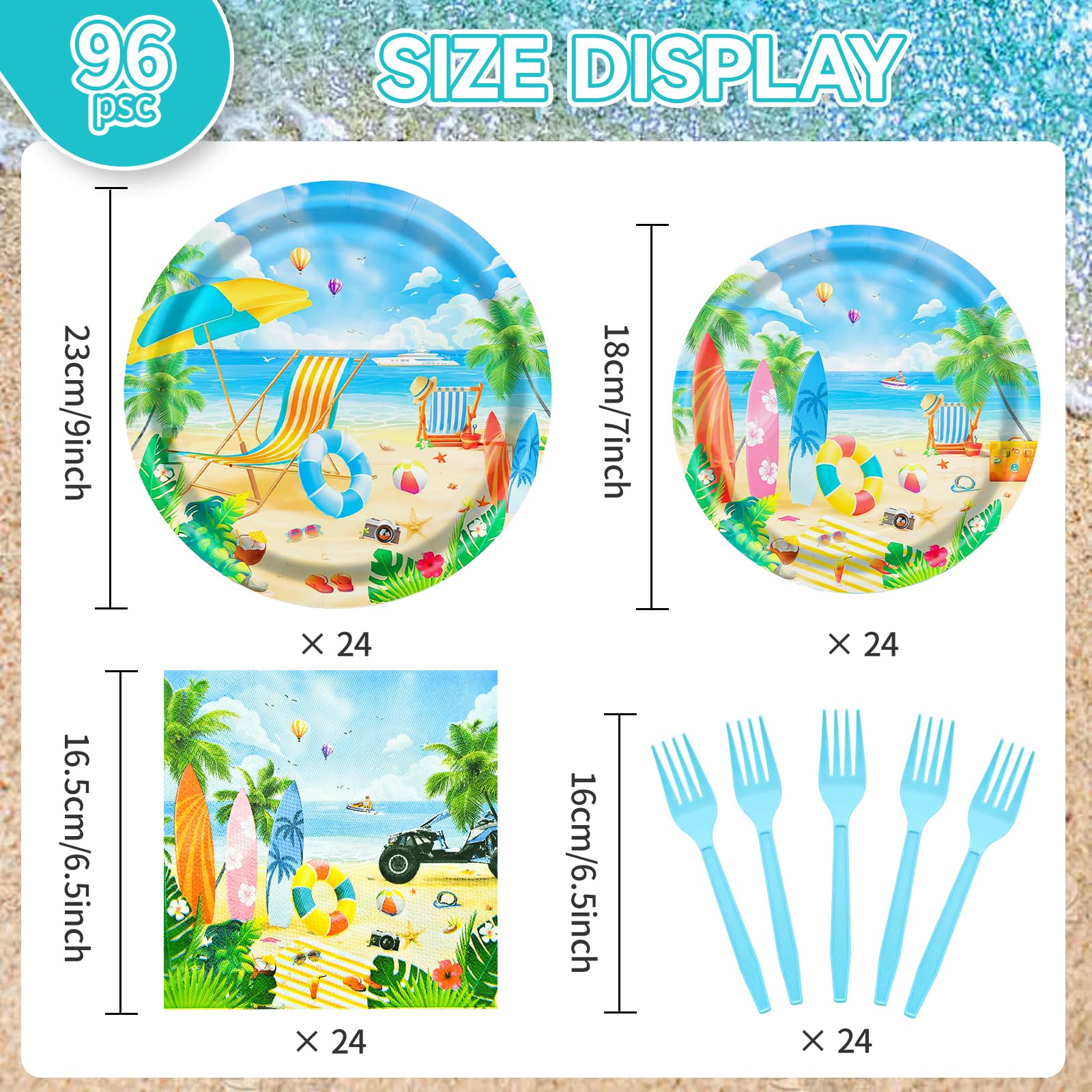 Gistome 96-Piece Summer Beach Tableware Set - Tropical Disposable Dinnerware for 24 Guests - Includes 7" & 9" Plates, Napkins, Forks