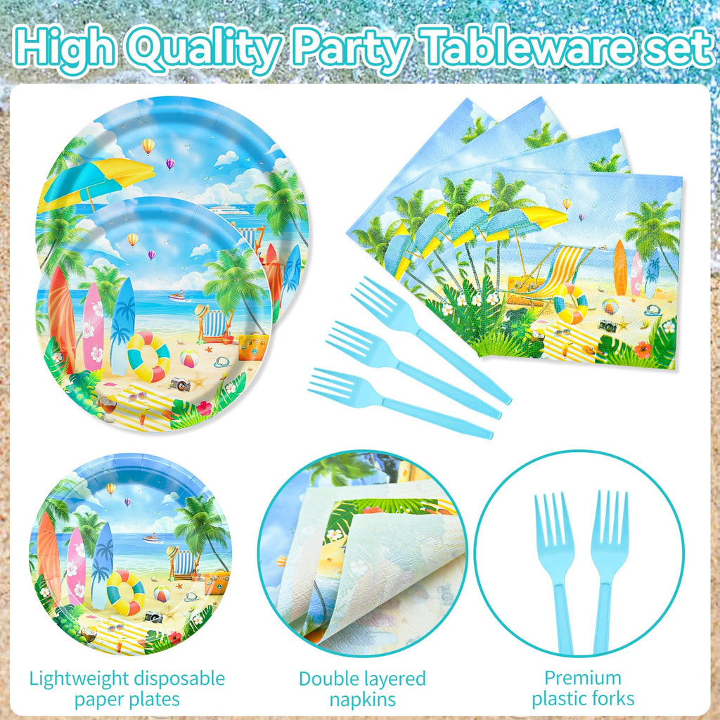 Gistome 96-Piece Summer Beach Tableware Set - Tropical Disposable Dinnerware for 24 Guests - Includes 7" & 9" Plates, Napkins, Forks