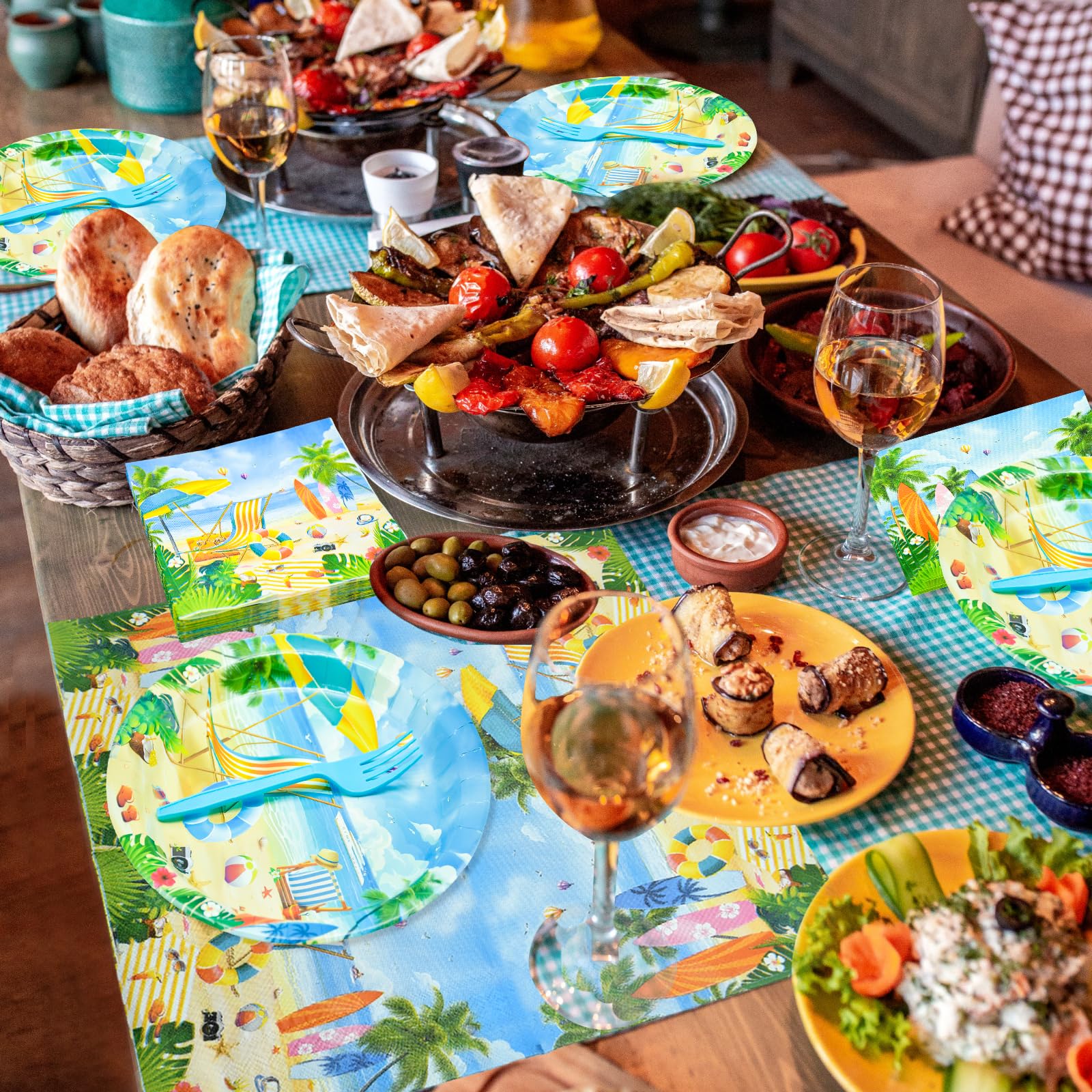 Gistome 96-Piece Summer Beach Tableware Set - Tropical Disposable Dinnerware for 24 Guests - Includes 7" & 9" Plates, Napkins, Forks