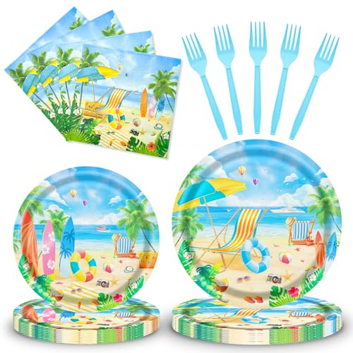 Gistome 96-Piece Summer Beach Tableware Set - Tropical Disposable Dinnerware for 24 Guests - Includes 7" & 9" Plates, Napkins, Forks
