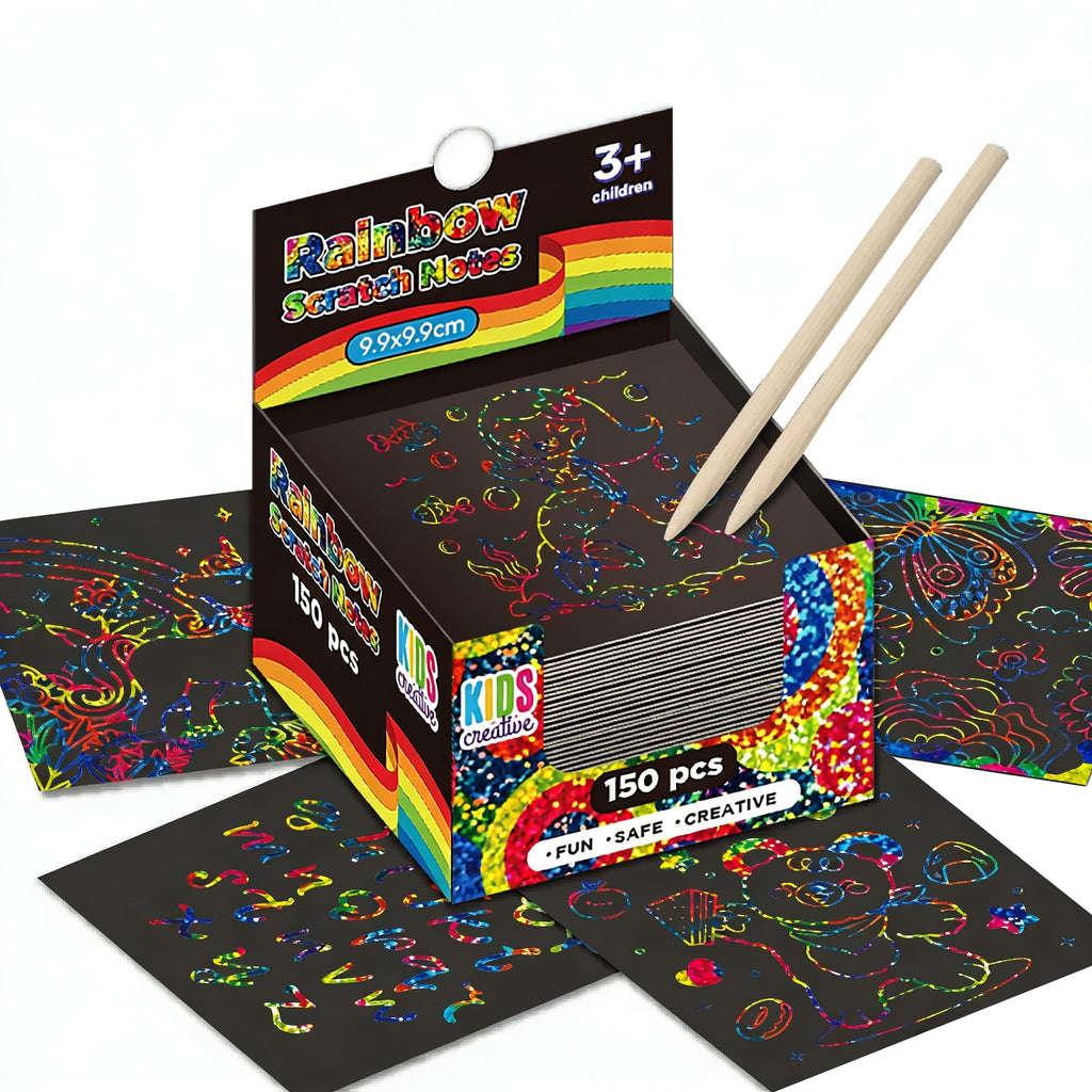 GizzJeveal 150 Pcs Scratch Art Paper Kit with Stencils and Styluses – Rainbow, Silver, Rose Gold – Magic Crafts for Kids 3-12, Party Favors, Easter Gifts