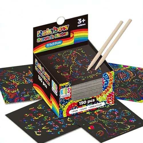 GizzJeveal 150 Pcs Scratch Art Paper Kit with Stencils and Styluses – Rainbow, Silver, Rose Gold – Magic Crafts for Kids 3-12, Party Favors, Easter Gifts