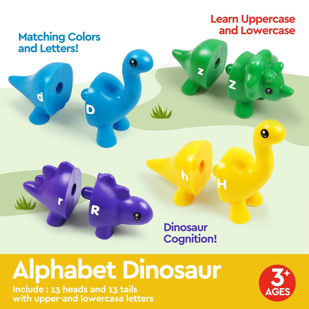 GKDOMS Alphabet Dinosaurs Letter Matching Toy – 13 Double-Sided Dinos for Uppercase & Lowercase Learning, Fine Motor Skills