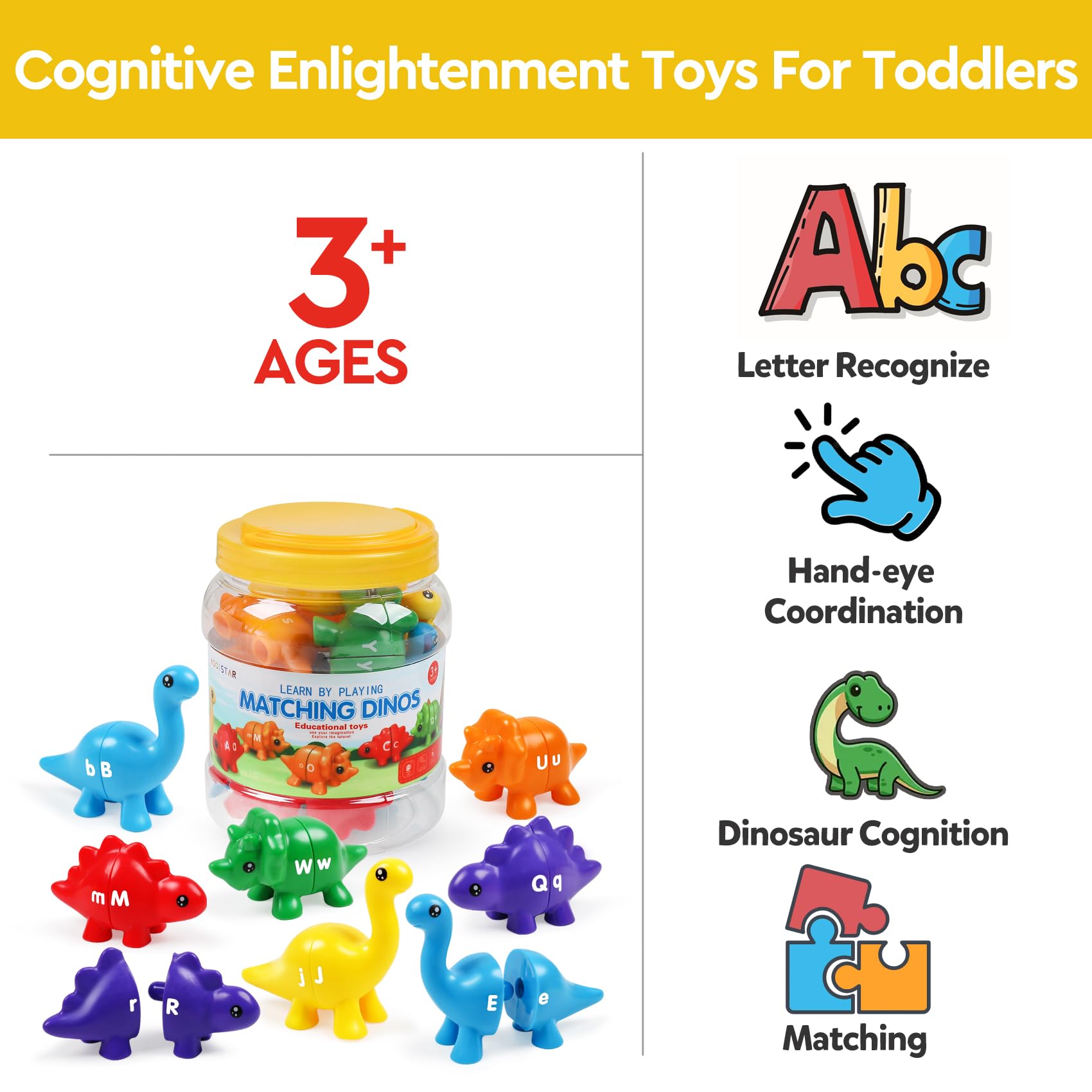 GKDOMS Alphabet Dinosaurs Letter Matching Toy – 13 Double-Sided Dinos for Uppercase & Lowercase Learning, Fine Motor Skills