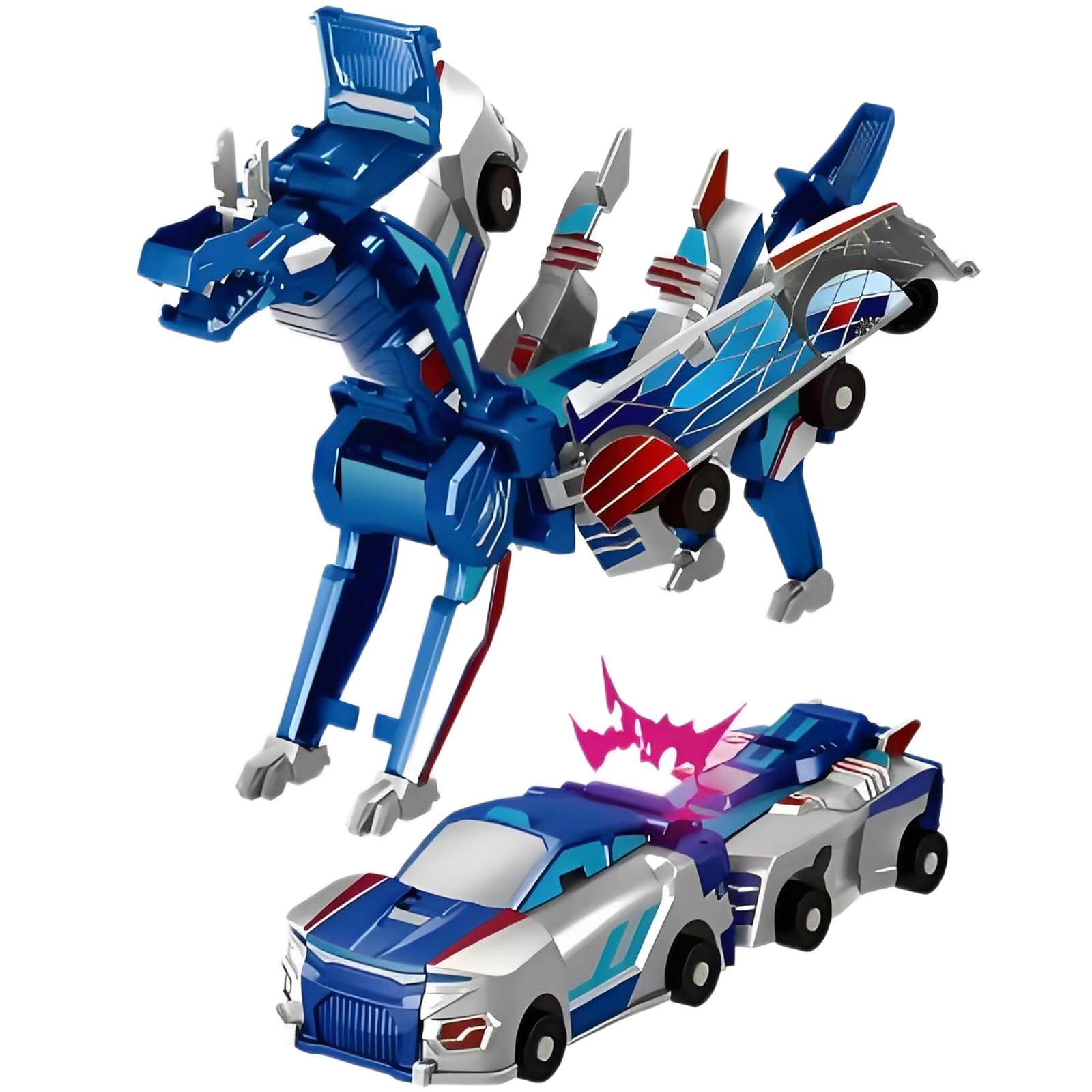 Gkiozu 2-in-1 Magnetic Dinosaur Car Toy: Crash & Transform Vehicle to Dino, No Batteries, Ages 3-12 (Blue Dragon)