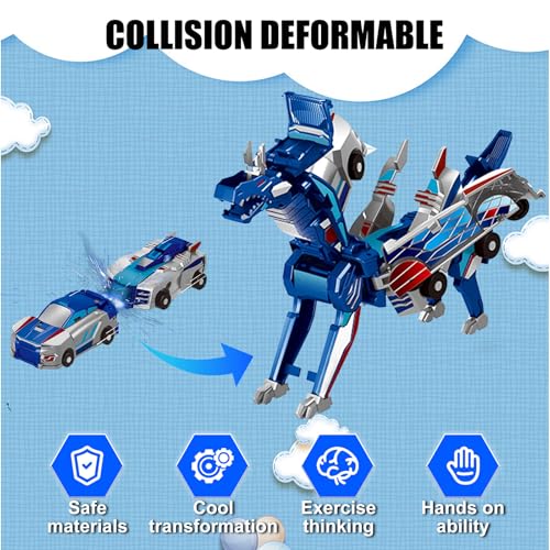 Gkiozu 2-in-1 Magnetic Dinosaur Car Toy: Crash & Transform Vehicle to Dino, No Batteries, Ages 3-12 (Blue Dragon)