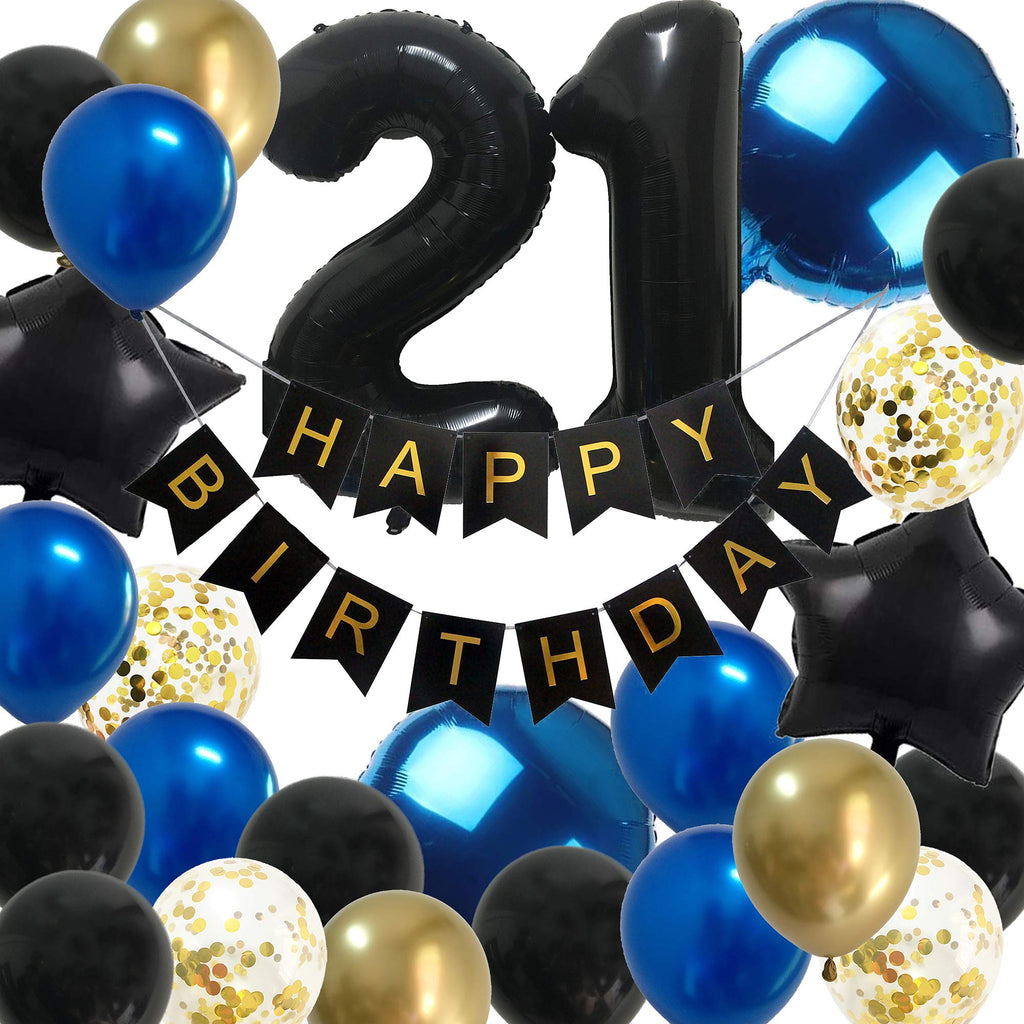 Glabby 21st Birthday Balloon Decoration Kit for Him – Black, Blue & Gold, Jumbo 21 Foil, Latex Balloons