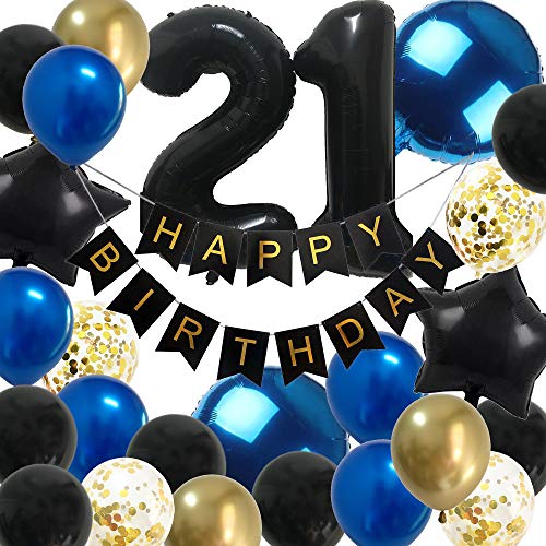 Glabby 21st Birthday Balloon Decoration Kit for Him – Black, Blue & Gold, Jumbo 21 Foil, Latex Balloons