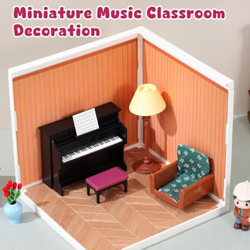 GLEAVI Mini Upright Piano Set with Stool and Music Score for Dollhouse Decor, 1:12 Scale