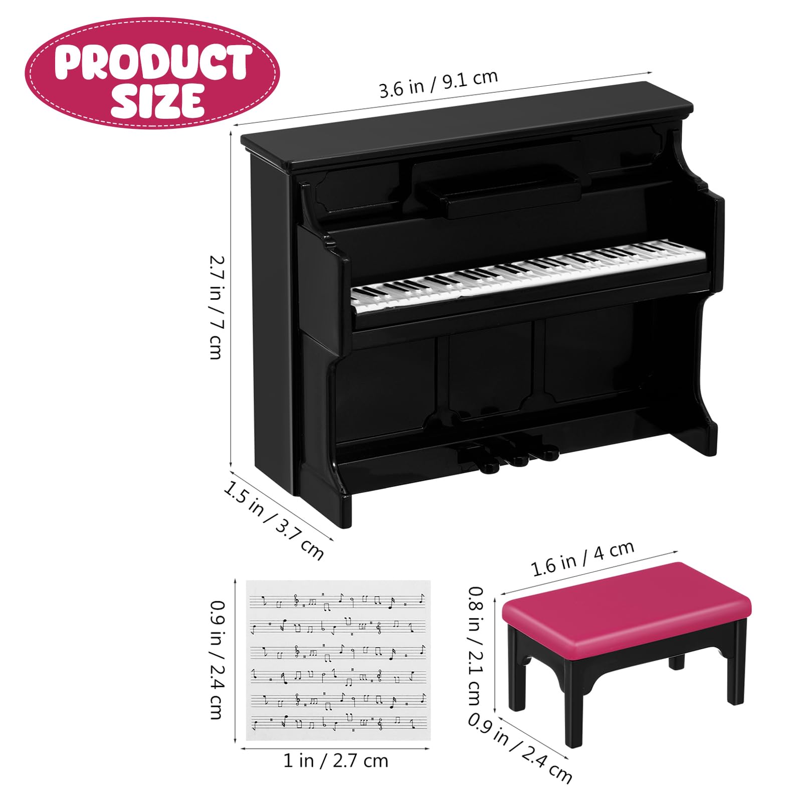 GLEAVI Mini Upright Piano Set with Stool and Music Score for Dollhouse Decor, 1:12 Scale