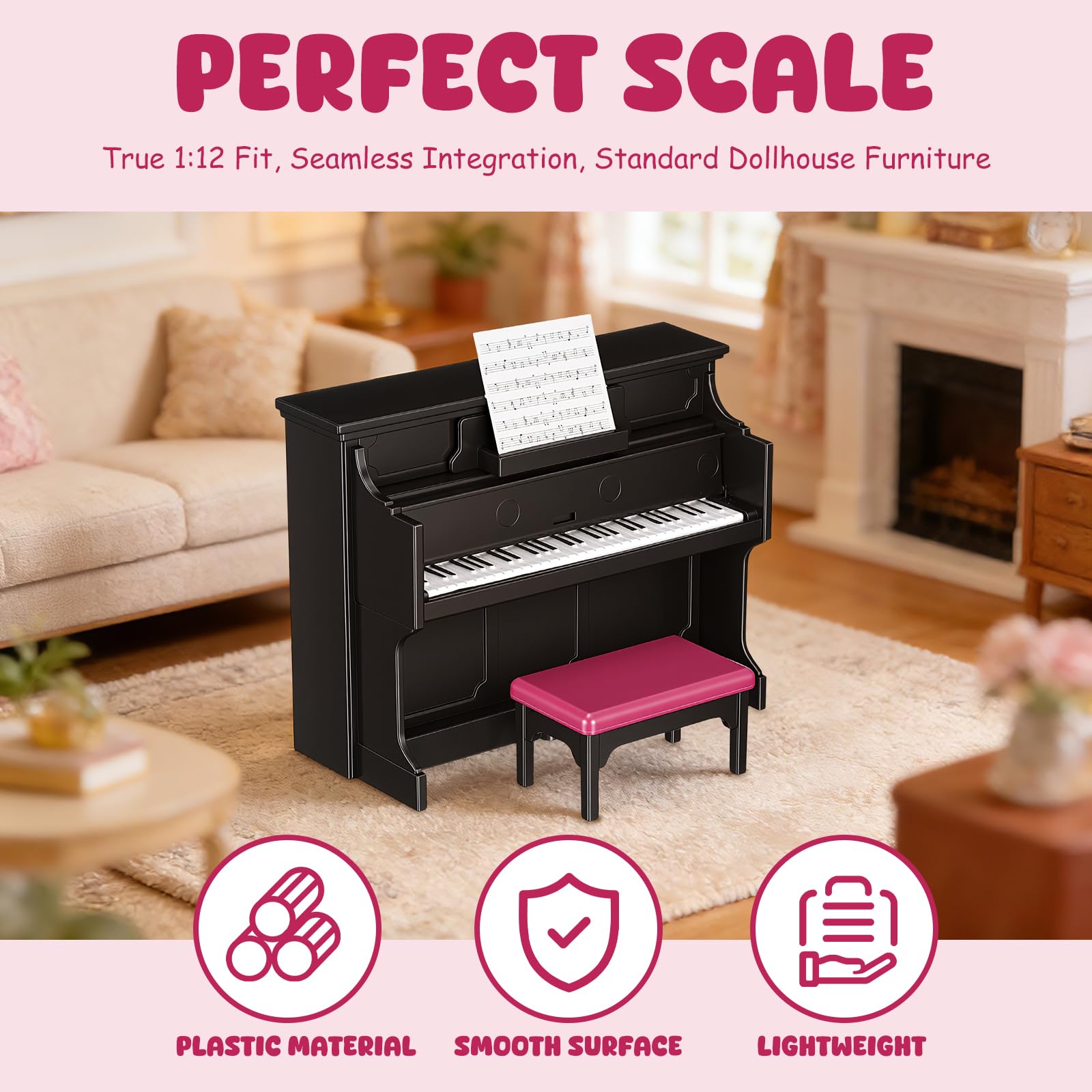 GLEAVI Mini Upright Piano Set with Stool and Music Score for Dollhouse Decor, 1:12 Scale