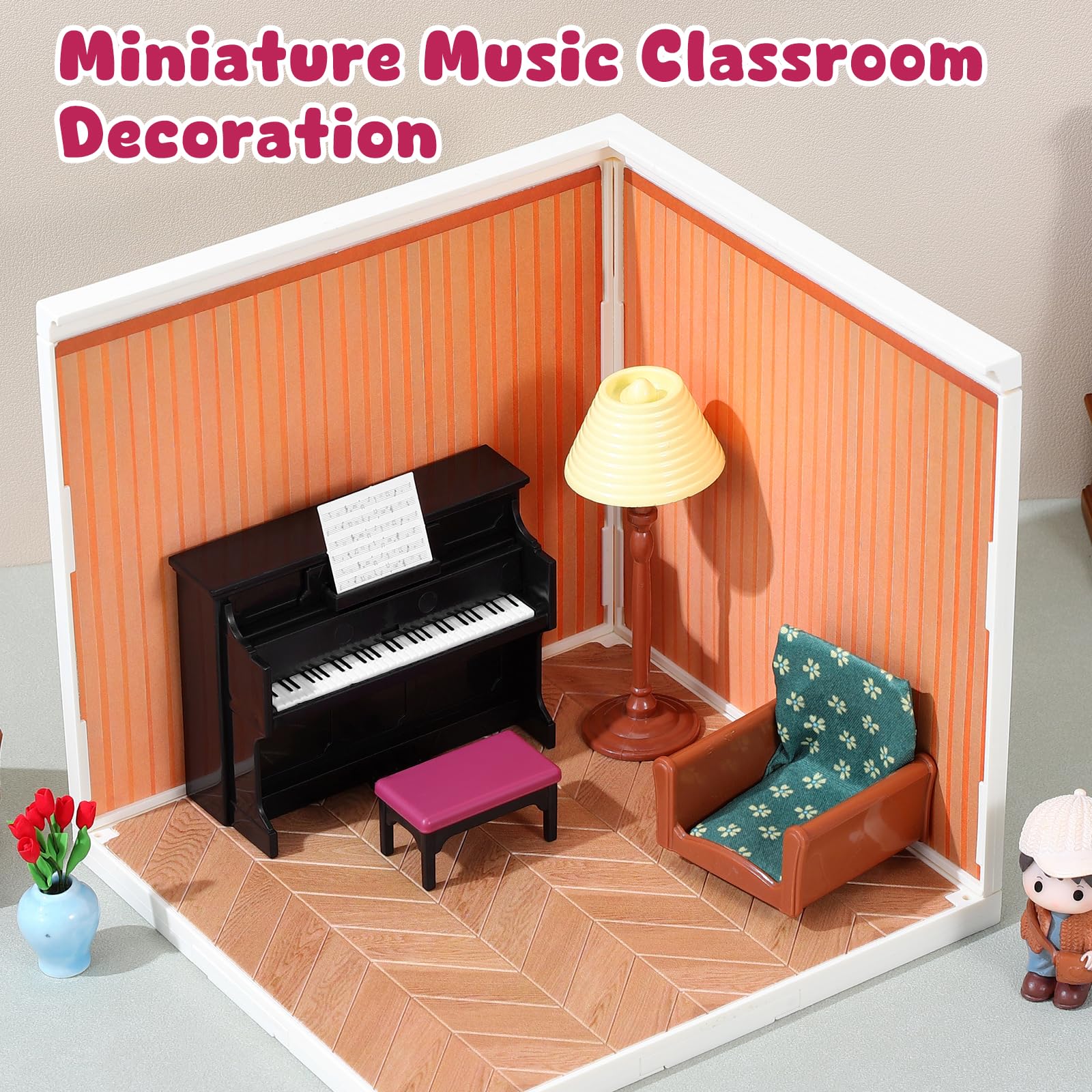 GLEAVI Mini Upright Piano Set with Stool and Music Score for Dollhouse Decor, 1:12 Scale