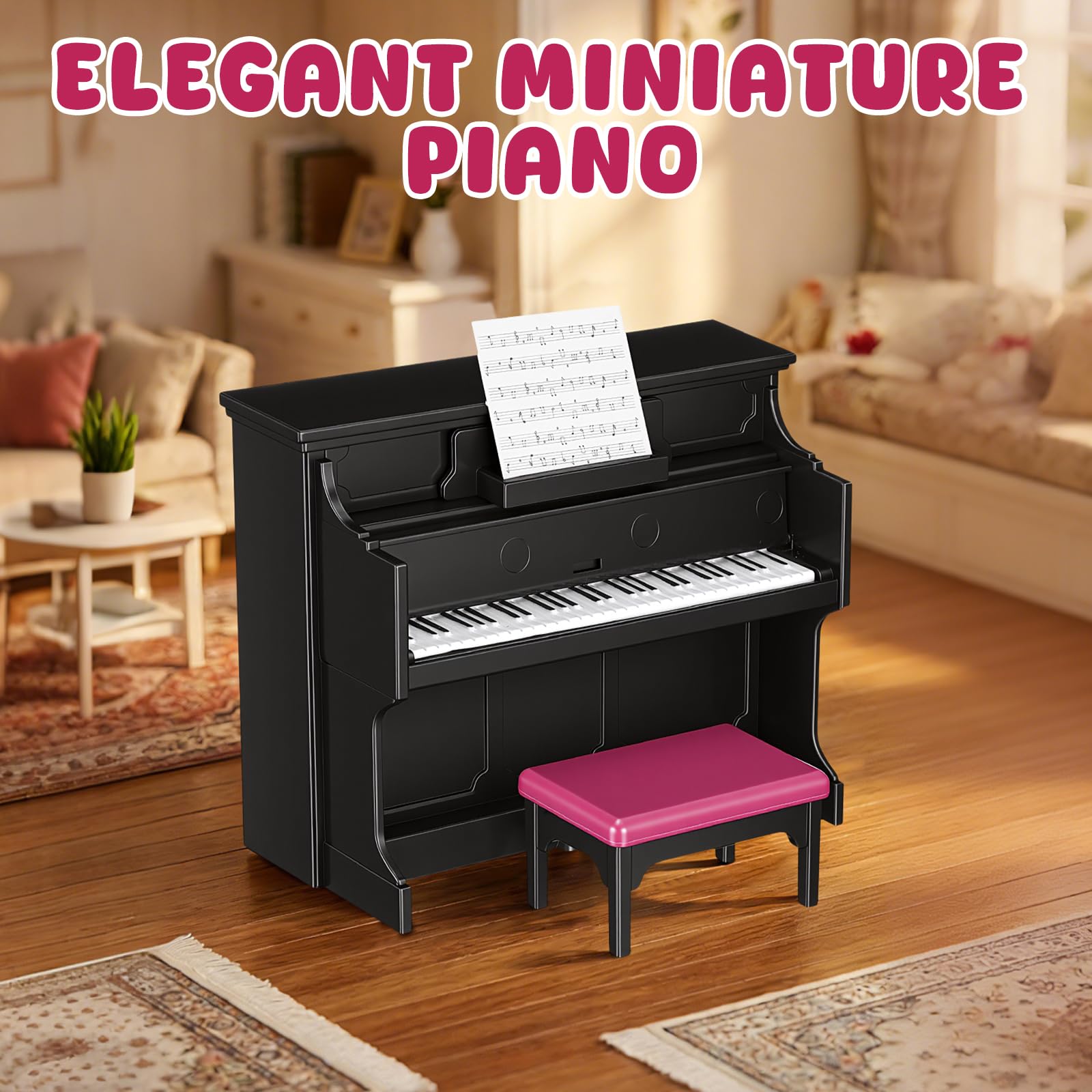 GLEAVI Mini Upright Piano Set with Stool and Music Score for Dollhouse Decor, 1:12 Scale