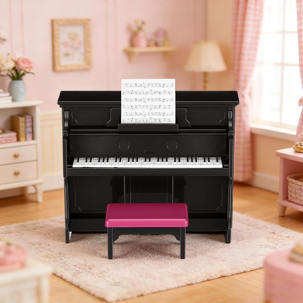 GLEAVI Mini Upright Piano Set with Stool and Music Score for Dollhouse Decor, 1:12 Scale