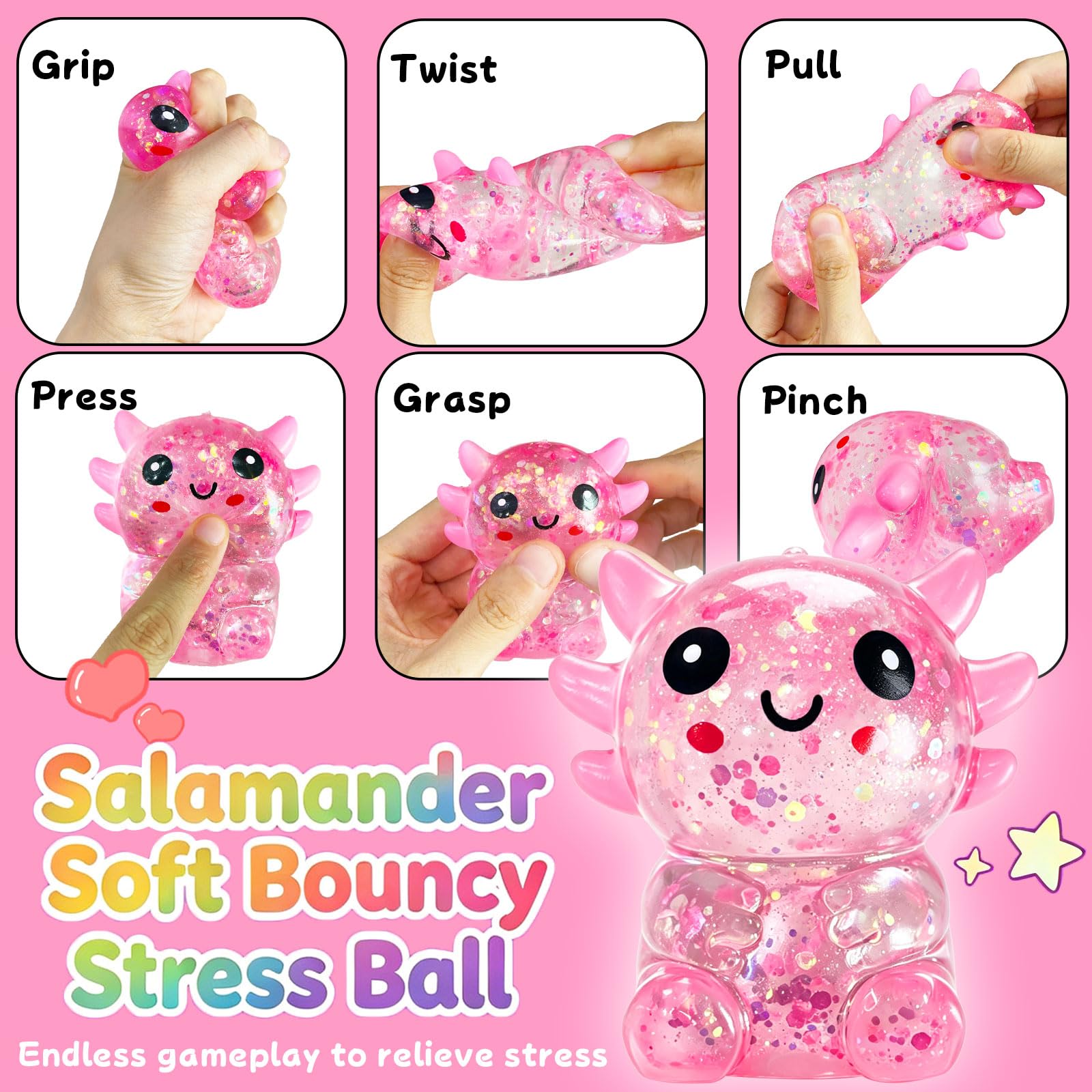 Glitter Axolotl Squishy – Slow Rising Pink Squeeze Toy for Stress Relief and Focus