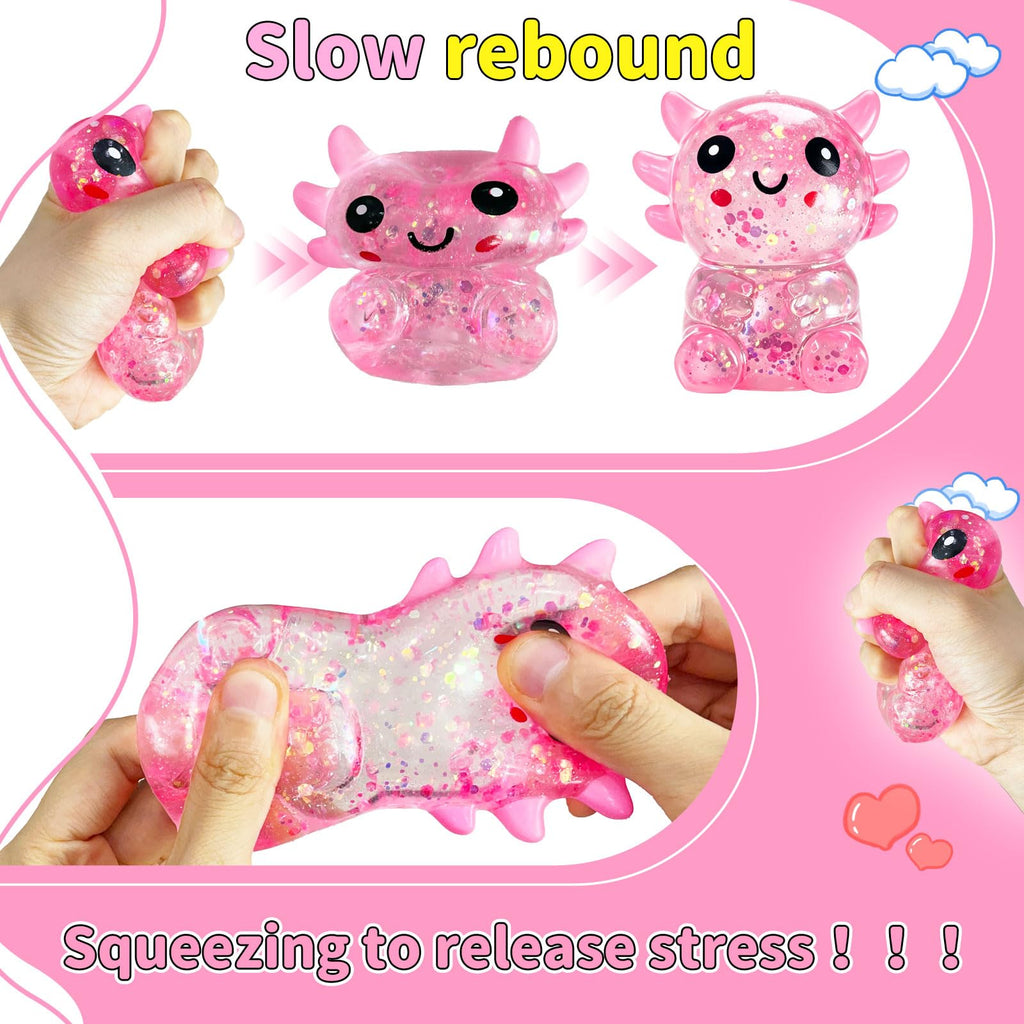 Glitter Axolotl Squishy – Slow Rising Pink Squeeze Toy for Stress Relief and Focus