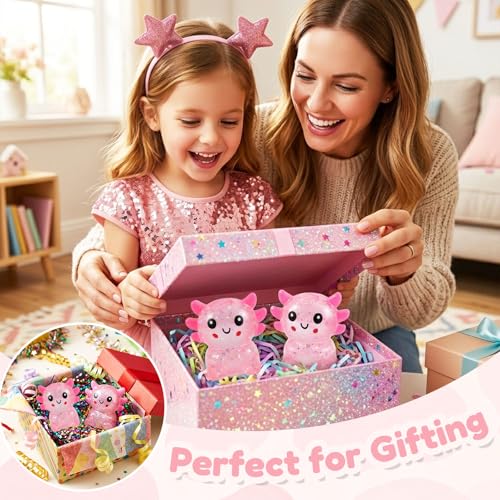 Glitter Axolotl Squishy Toy – Stretchy Stress Ball for Anxiety Relief, Pocket-Sized Fidget Toy for Kids Teens Adults (Pink)