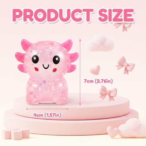 Glitter Axolotl Squishy Toy – Stretchy Stress Ball for Anxiety Relief, Pocket-Sized Fidget Toy for Kids Teens Adults (Pink)