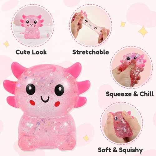 Glitter Axolotl Squishy Toy – Stretchy Stress Ball for Anxiety Relief, Pocket-Sized Fidget Toy for Kids Teens Adults (Pink)