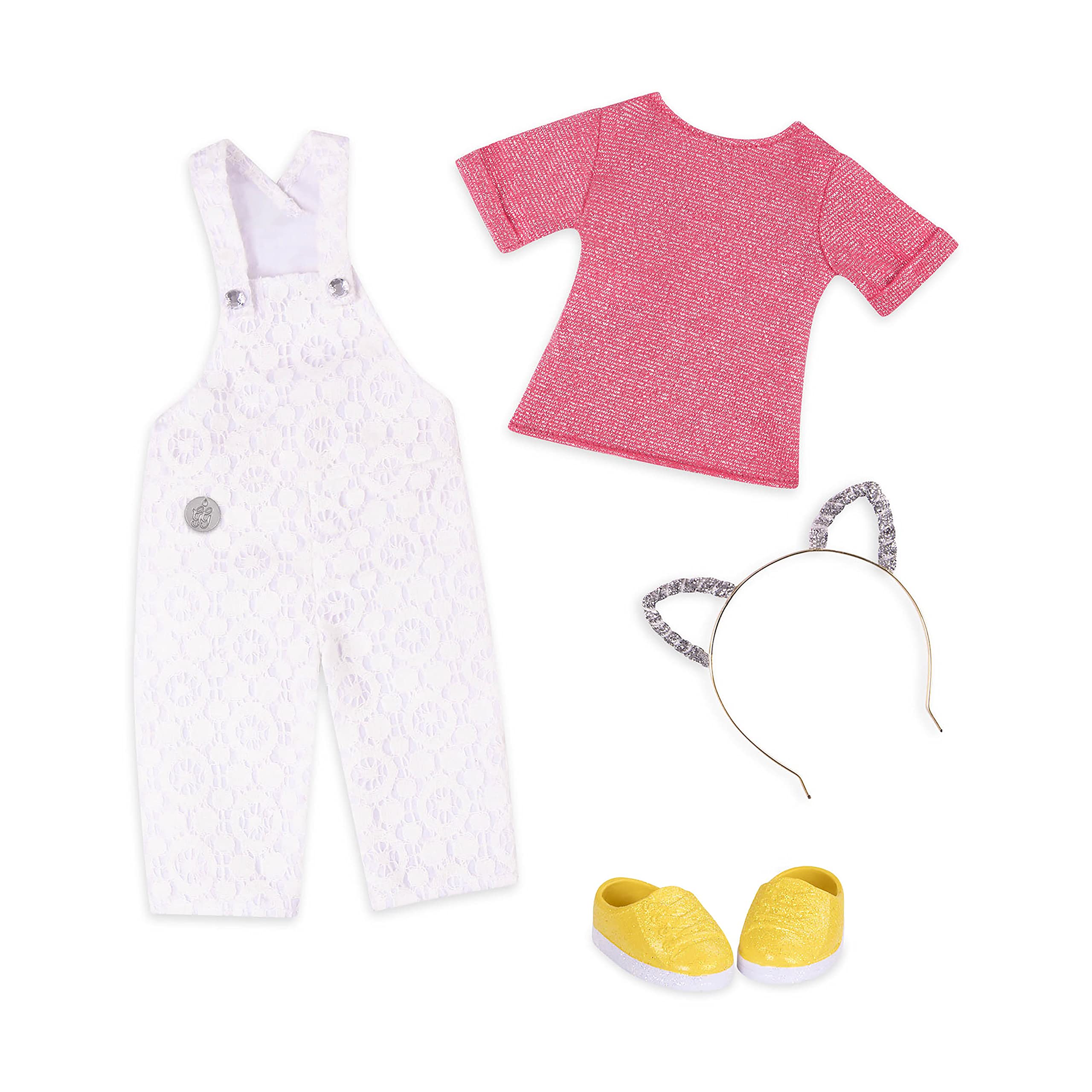 Glitter Girls 14-Inch Doll Outfit – Lace Overalls and Cat Ear Headband Set