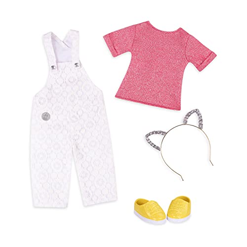 Glitter Girls 14-Inch Doll Outfit – Lace Overalls and Cat Ear Headband Set
