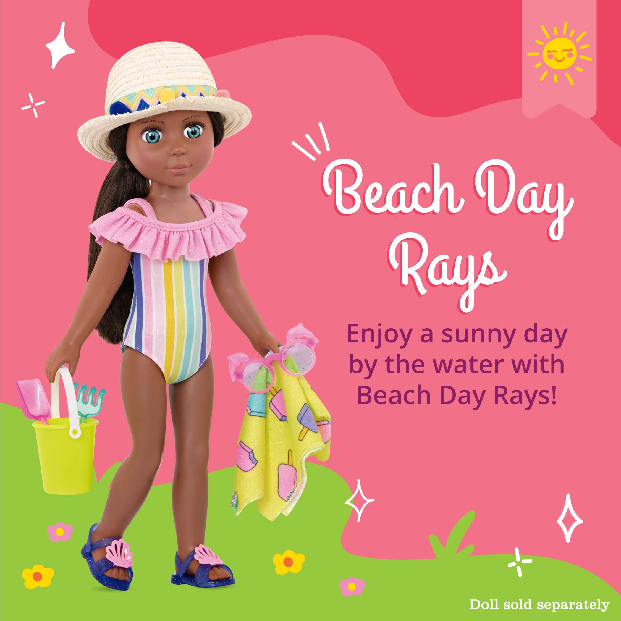 Glitter Girls Beach Day Rays Outfit for 14-Inch Dolls – Rainbow Swimsuit, Beach Towel, Accessories
