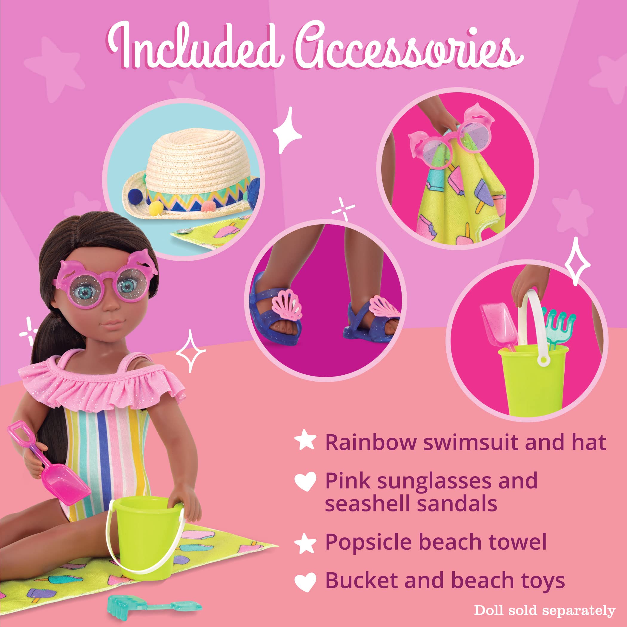 Glitter Girls Beach Day Rays Outfit for 14-Inch Dolls – Rainbow Swimsuit, Beach Towel, Accessories