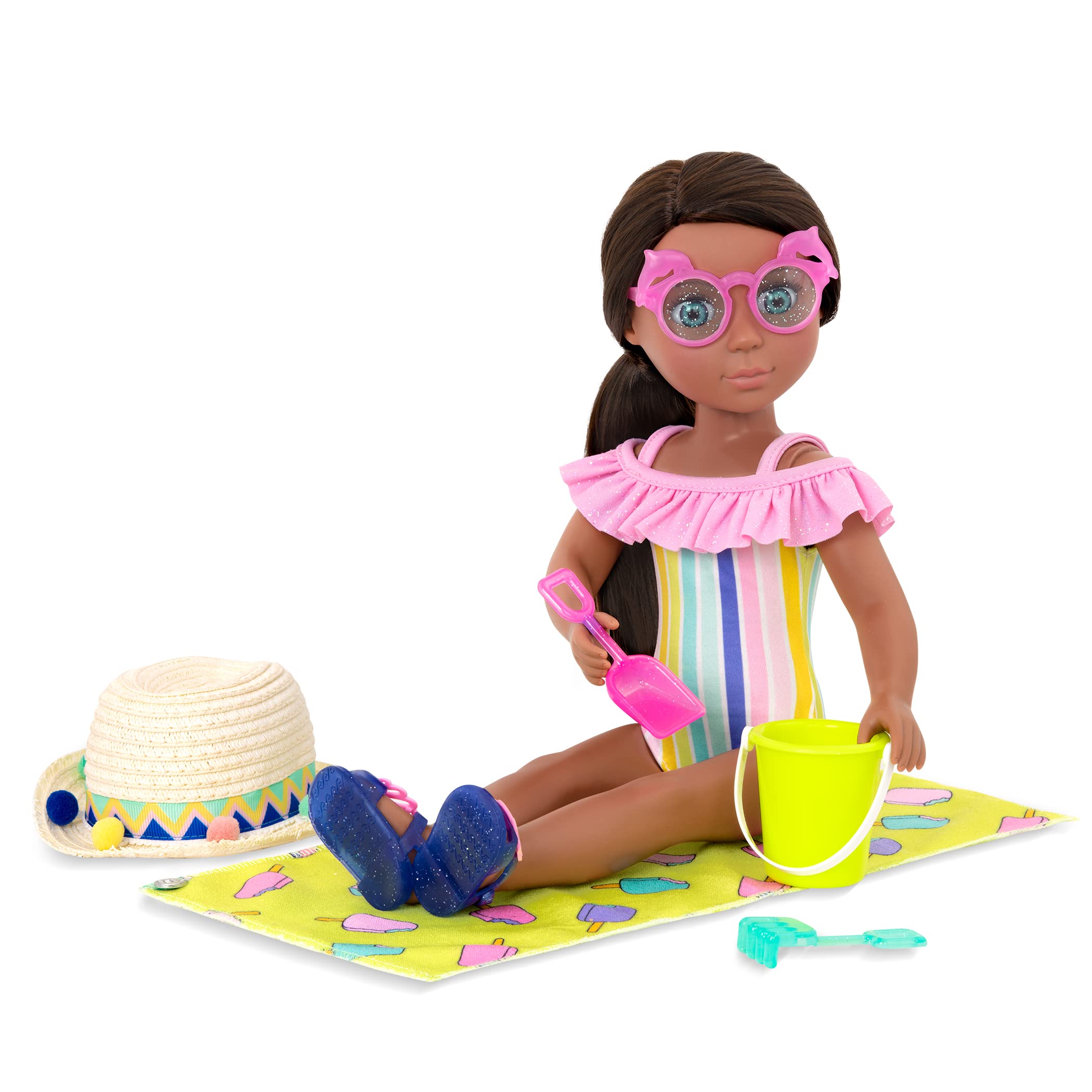 Glitter Girls Beach Day Rays Outfit for 14-Inch Dolls – Rainbow Swimsuit, Beach Towel, Accessories