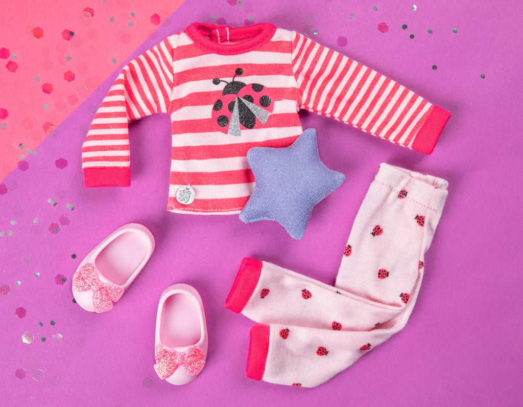 Glitter Girls Ladybug Shimmer Pajama Set for 14-Inch Dolls – Top, Bottoms, Pillow & Slippers