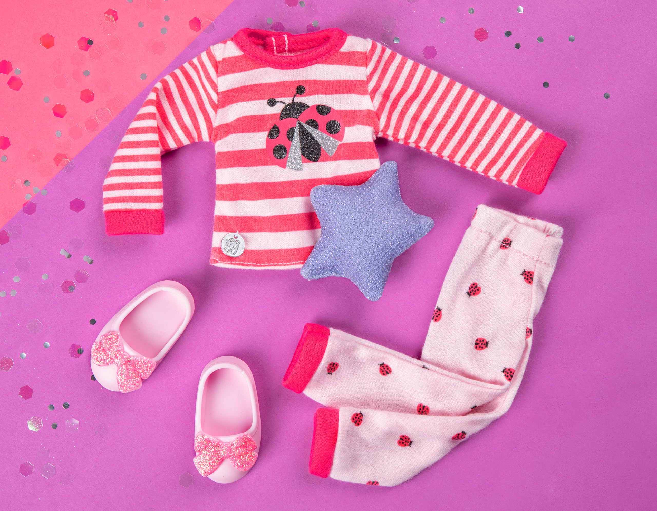 Glitter Girls Ladybug Shimmer Pajama Set for 14-Inch Dolls – Top, Bottoms, Pillow & Slippers