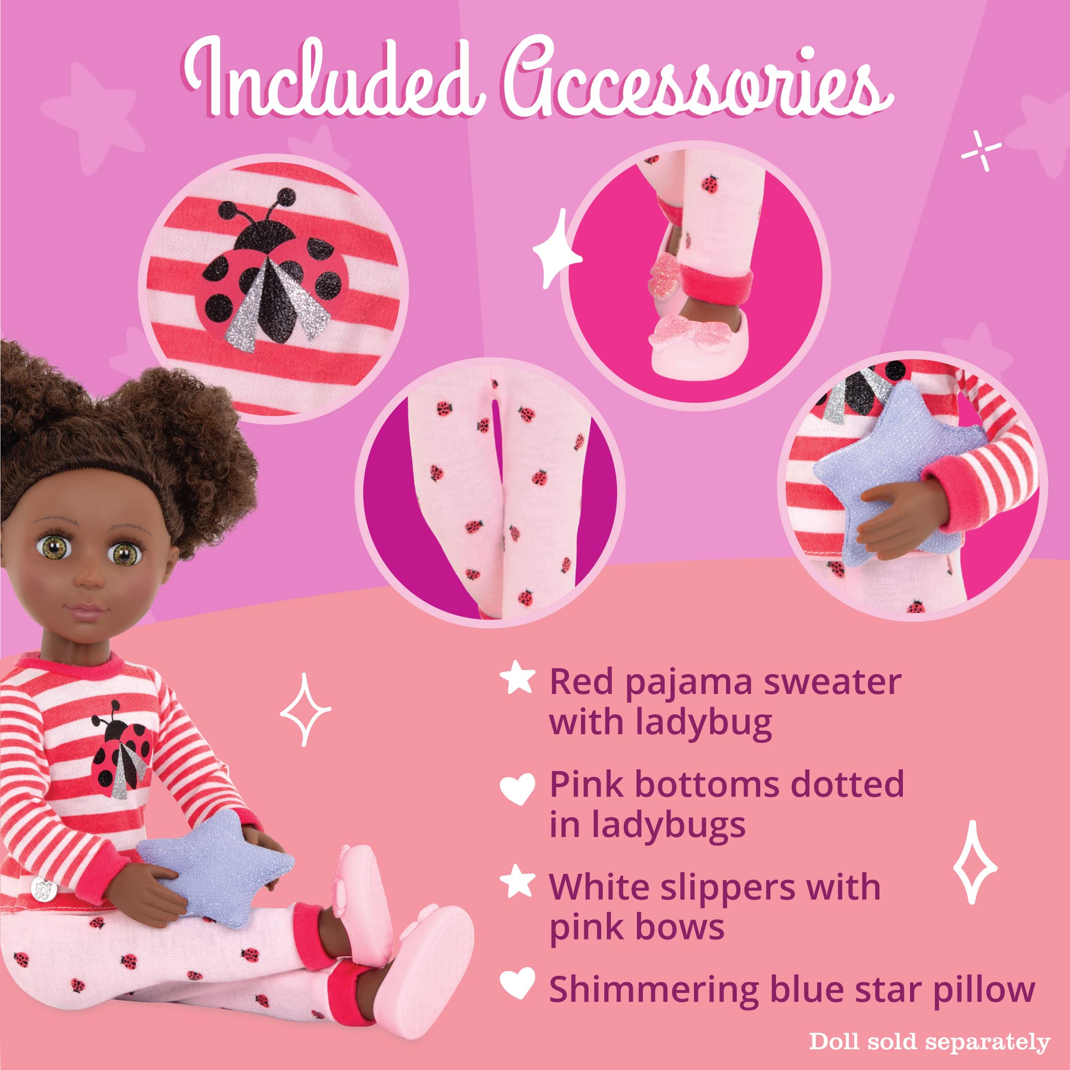 Glitter Girls Ladybug Shimmer Pajama Set for 14-Inch Dolls – Top, Bottoms, Pillow & Slippers