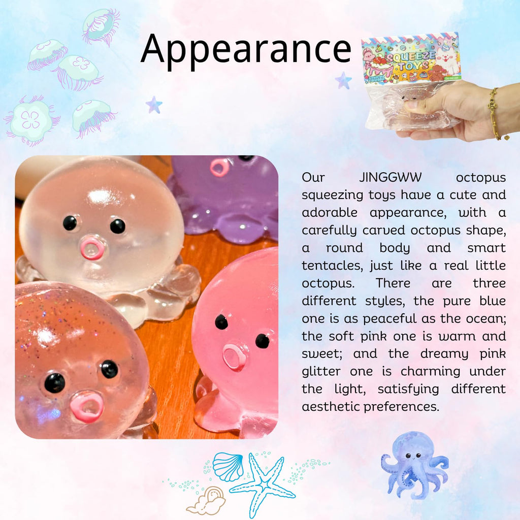 Glitter Pink Crystal Sequin Octopus Squishy – Slow-Rising Stress Toy by JINGGWW