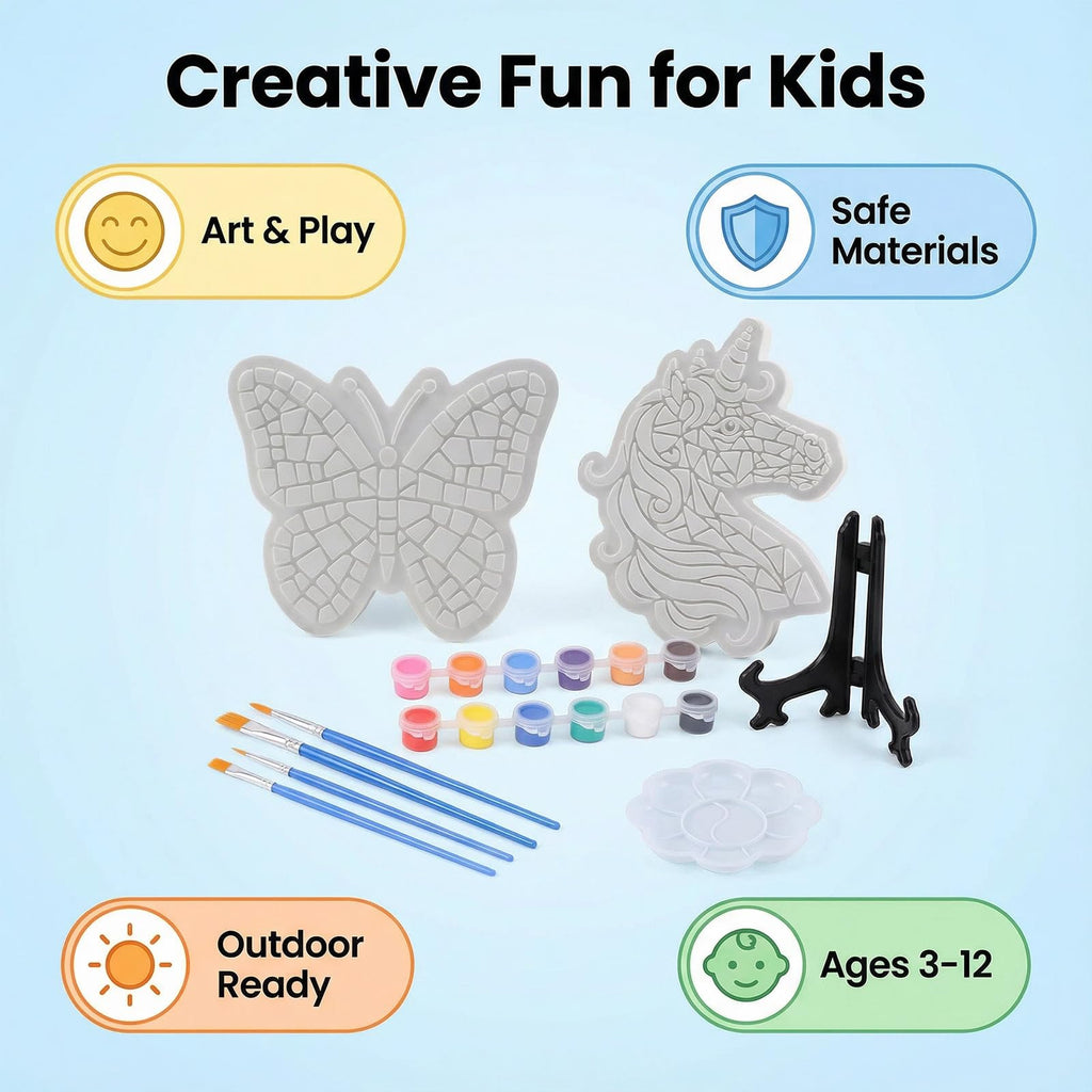 GloomGlo Butterfly & Unicorn Plaster Painting Kit with 12 Acrylic Paints, Brushes, and Easels