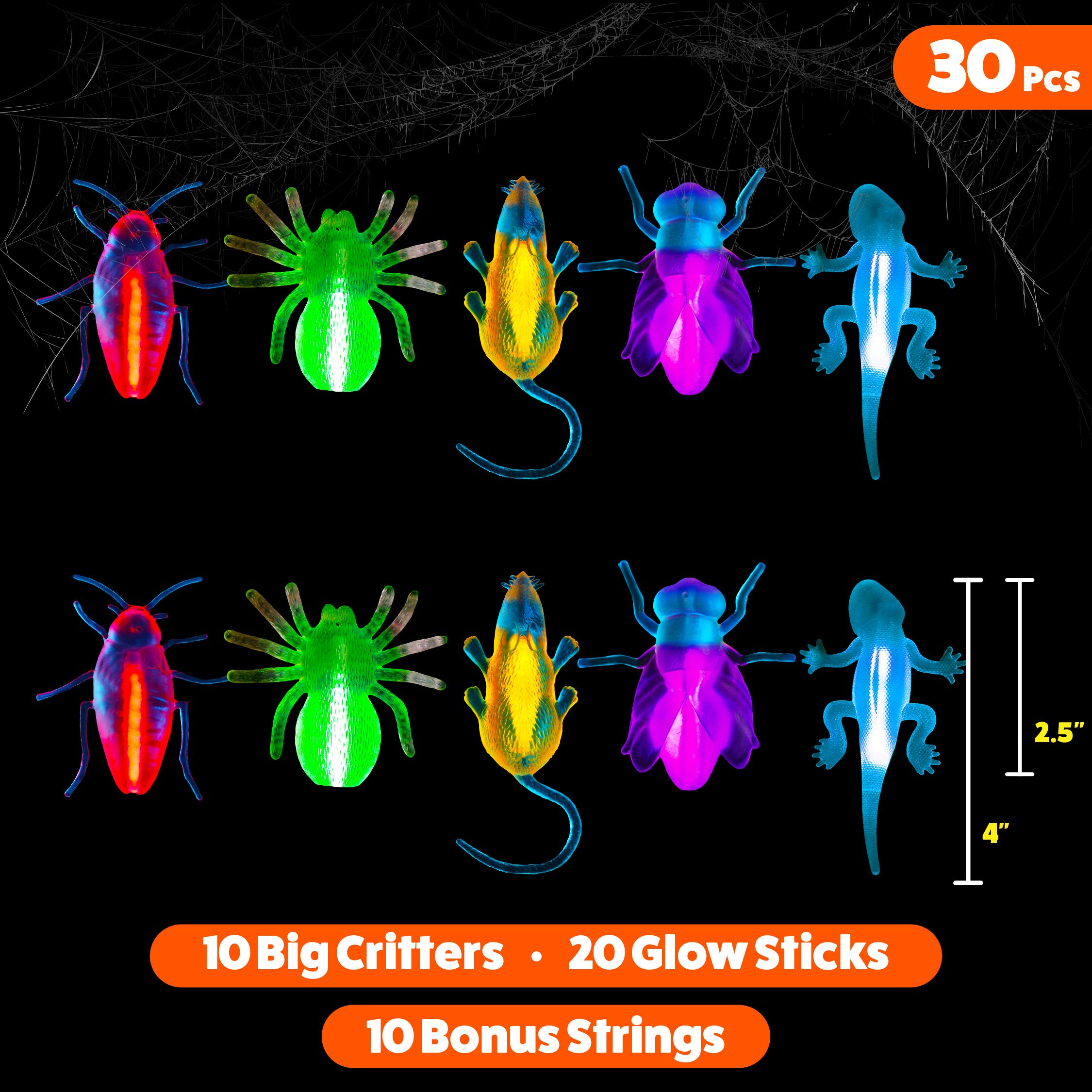 Glow Critters 30-Pack: Glow-in-the-Dark Fake Bug Toys & Mini Glow Sticks for Easter Eggs, Halloween Party Favors, and Basket Stuffers