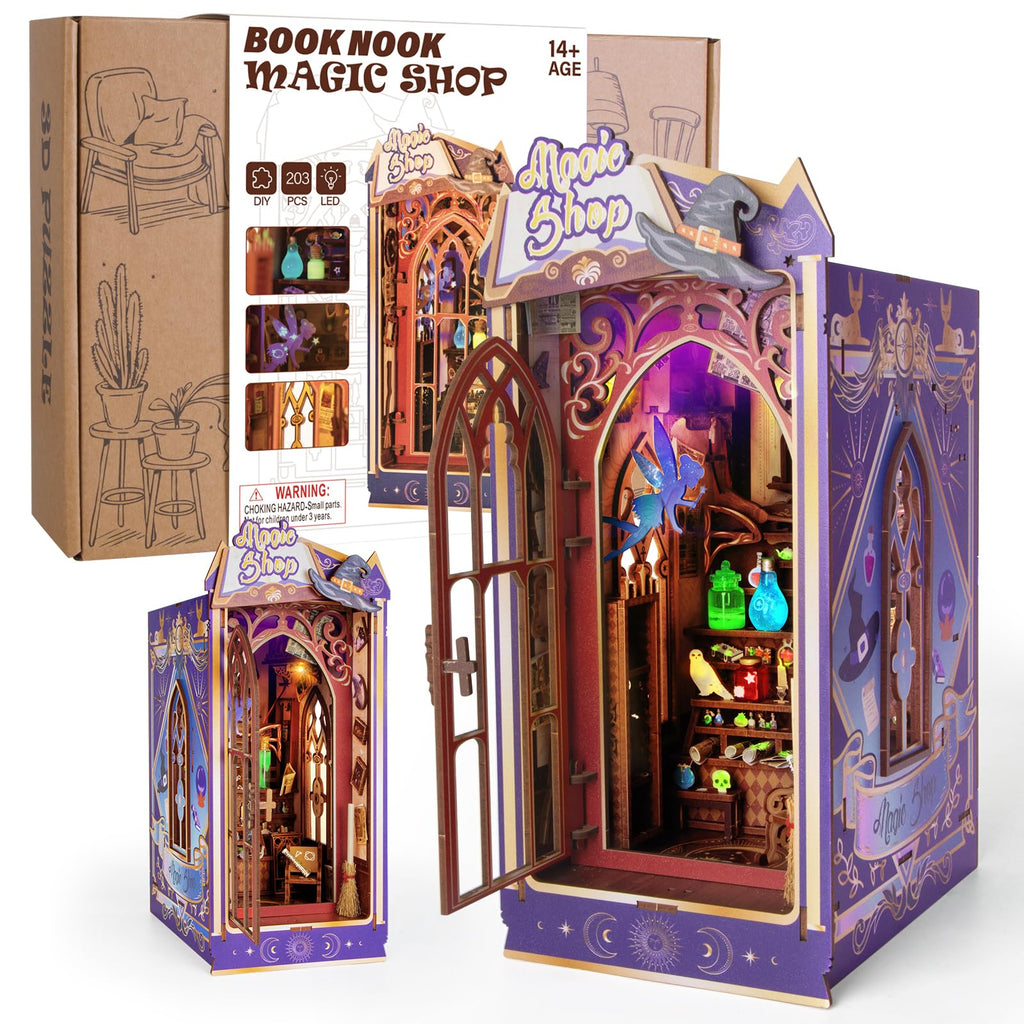 Glow in the Dark Book Nook Kit - Magic Shop Miniature Dollhouse with Spinning Hat & LED Lights