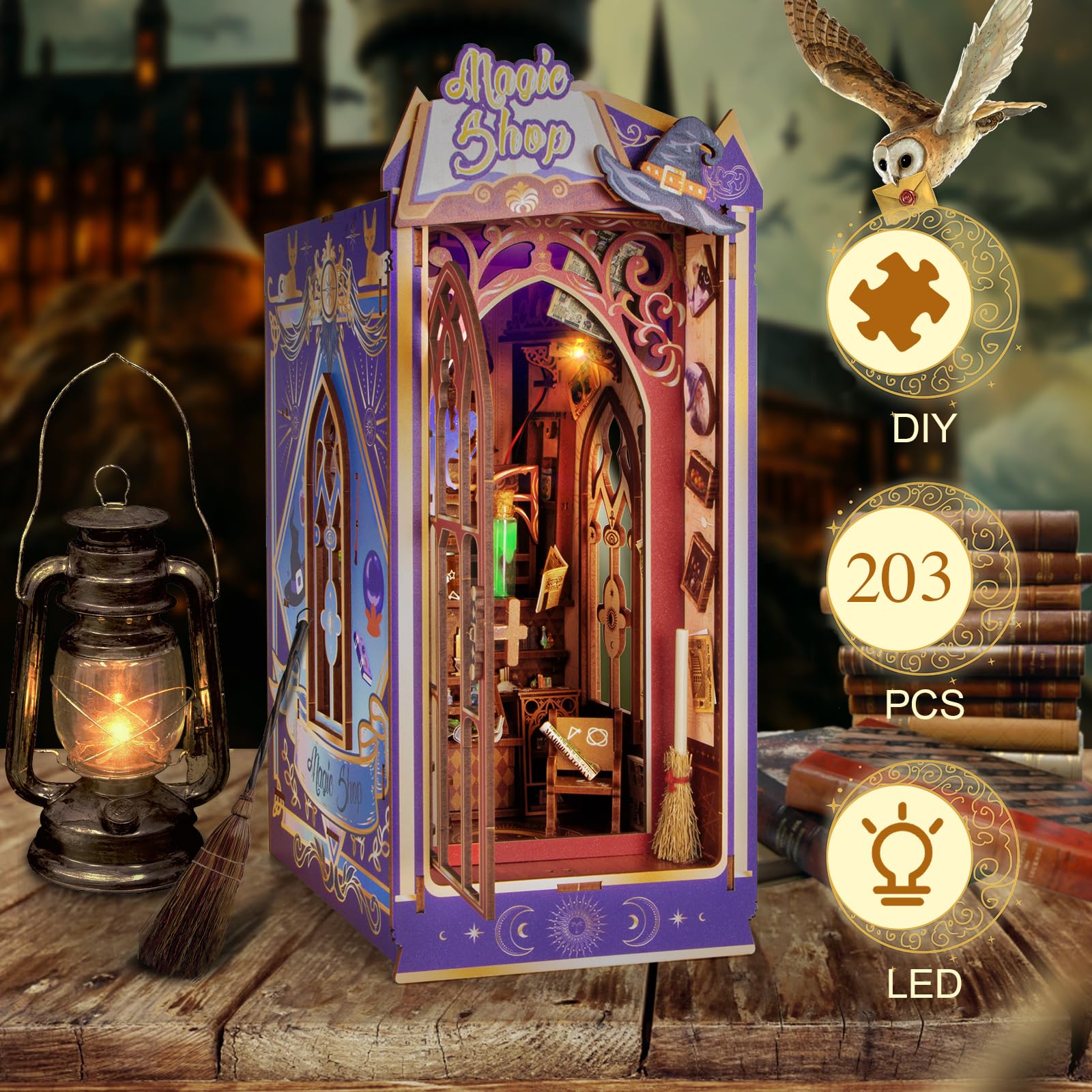 Glow in the Dark Book Nook Kit - Magic Shop Miniature Dollhouse with Spinning Hat & LED Lights