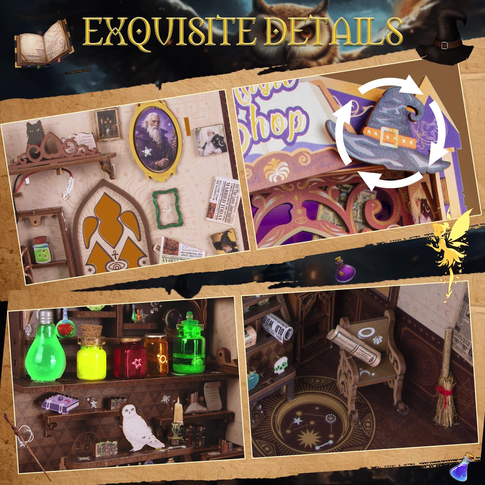 Glow in the Dark Book Nook Kit - Magic Shop Miniature Dollhouse with Spinning Hat & LED Lights