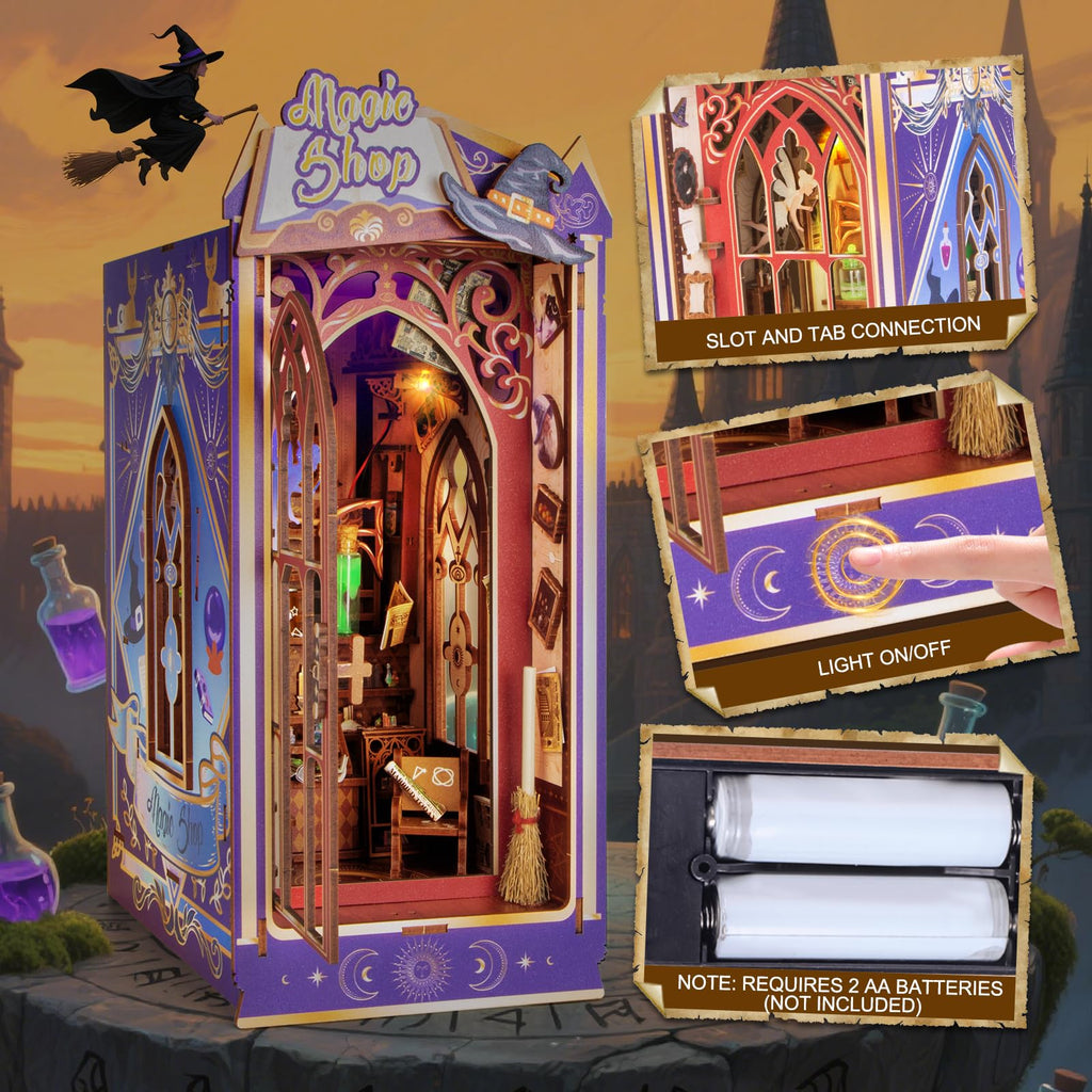 Glow in the Dark Book Nook Kit - Magic Shop Miniature Dollhouse with Spinning Hat & LED Lights