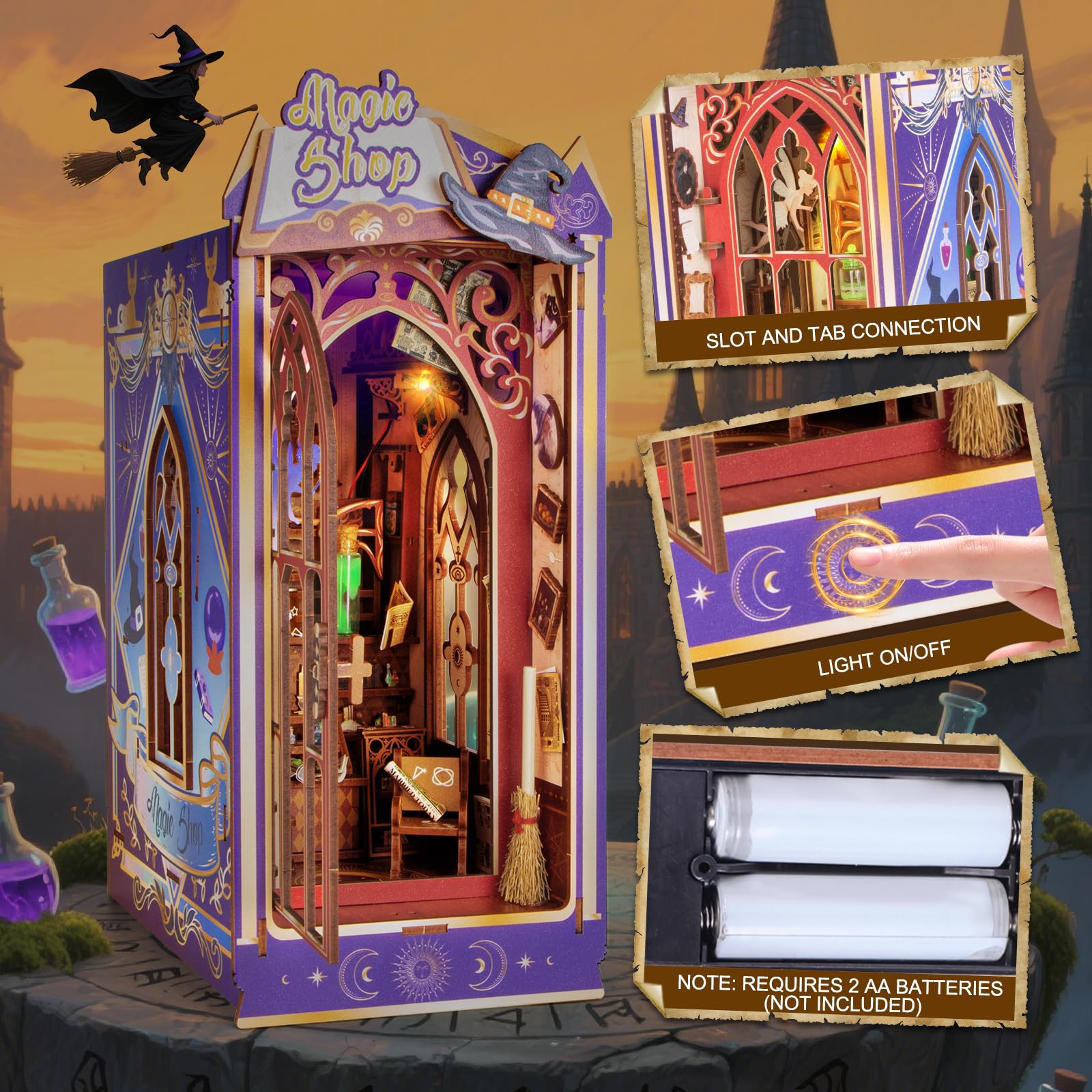 Glow in the Dark Book Nook Kit - Magic Shop Miniature Dollhouse with Spinning Hat & LED Lights