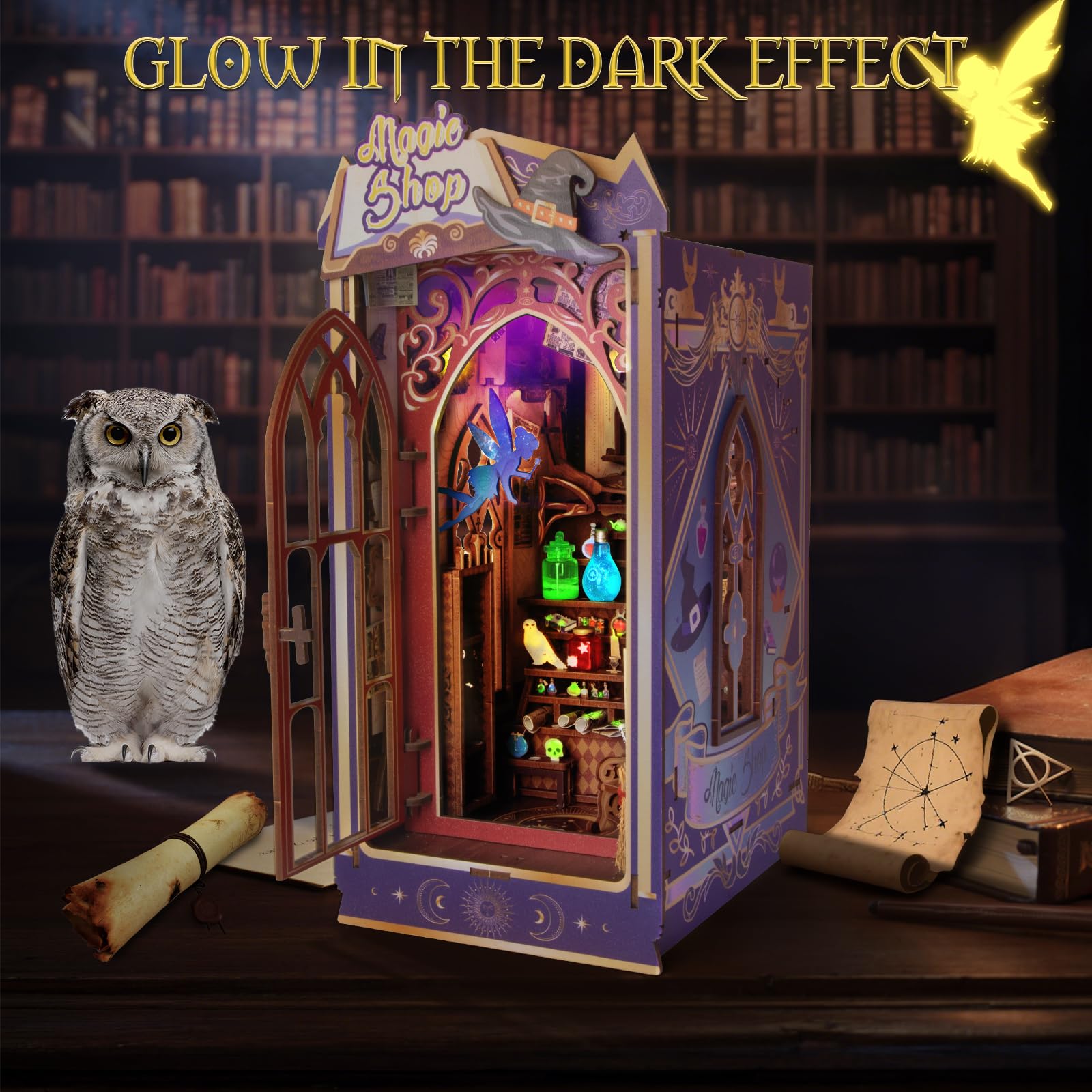 Glow in the Dark Book Nook Kit - Magic Shop Miniature Dollhouse with Spinning Hat & LED Lights