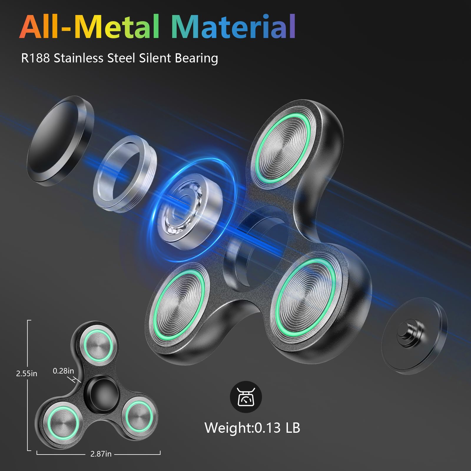 Glow-in-the-Dark Metal Fidget Spinner - Silent, Durable, 3-8 Min Spin Time - Stress Relief Desk Toy