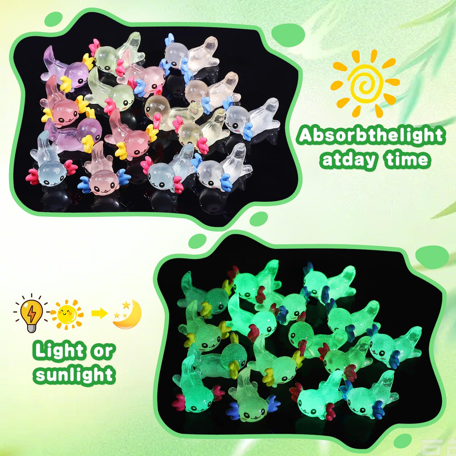 Glow-in-the-Dark Mini Resin Axolotl Figurines - 51 Pieces, 17 Styles for DIY Dollhouse Decor & Miniature Landscapes