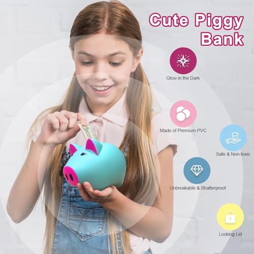 Glow in the Dark Piggy Bank for Kids - Unbreakable Plastic Coin Bank, Holds 800 Coins, Cute Savings Box for Toddlers Boys Girls