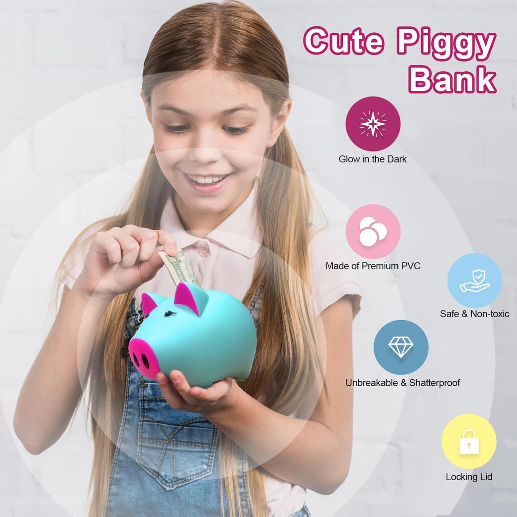 Glow in the Dark Piggy Bank for Kids - Unbreakable Plastic Coin Bank, Holds 800 Coins, Cute Savings Box for Toddlers Boys Girls